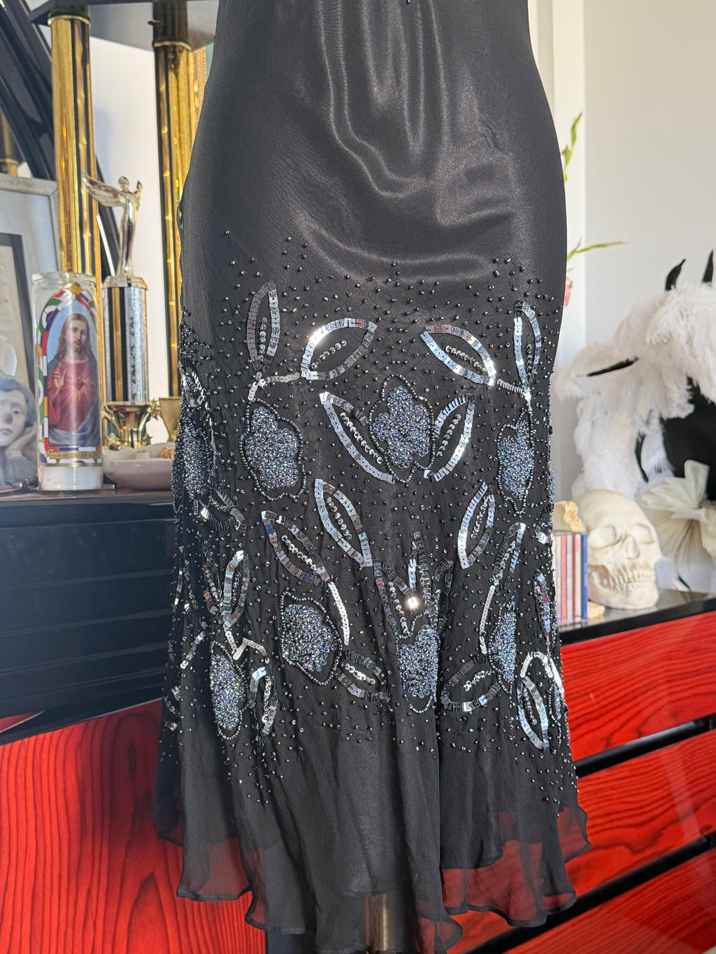 Papell Boutique Black Silk Beaded Floral Evening Dress — Size 4