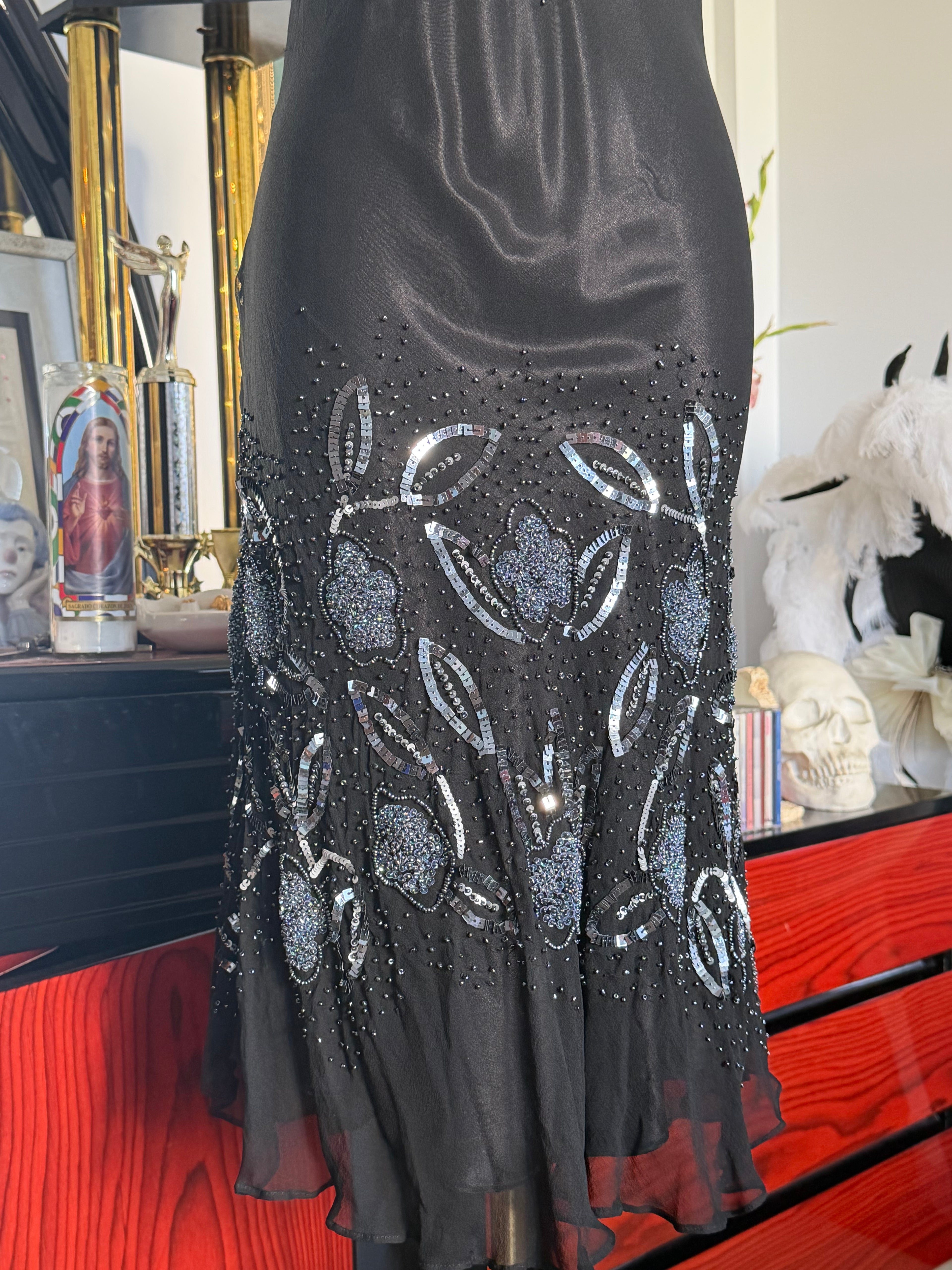 Papell Boutique Black Silk Beaded Floral Evening Dress — Size 4