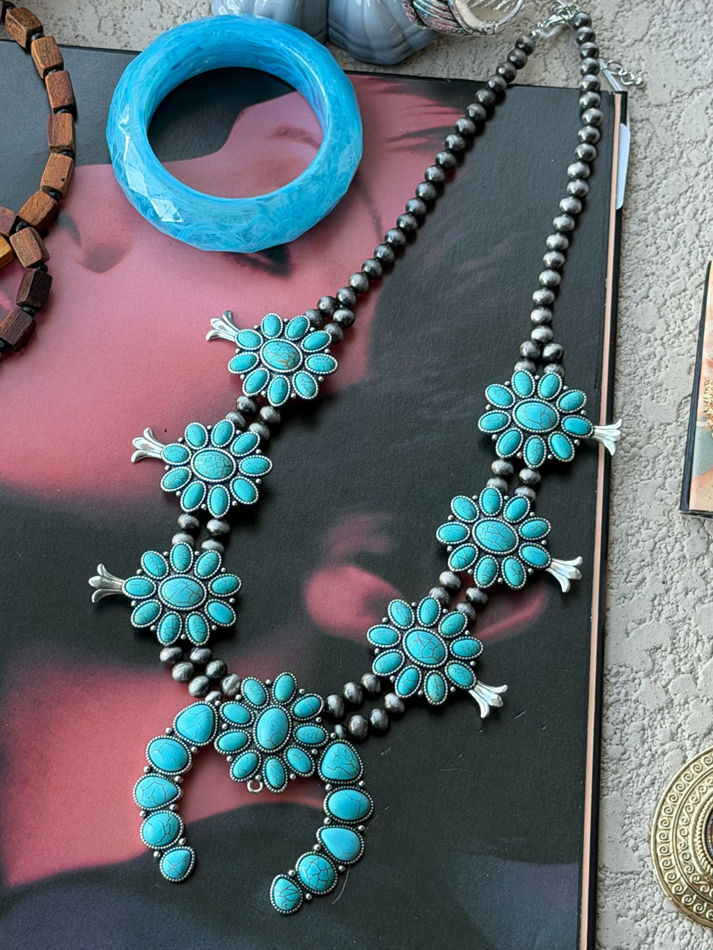 Turquoise Squash Blossom–Style Statement Necklace