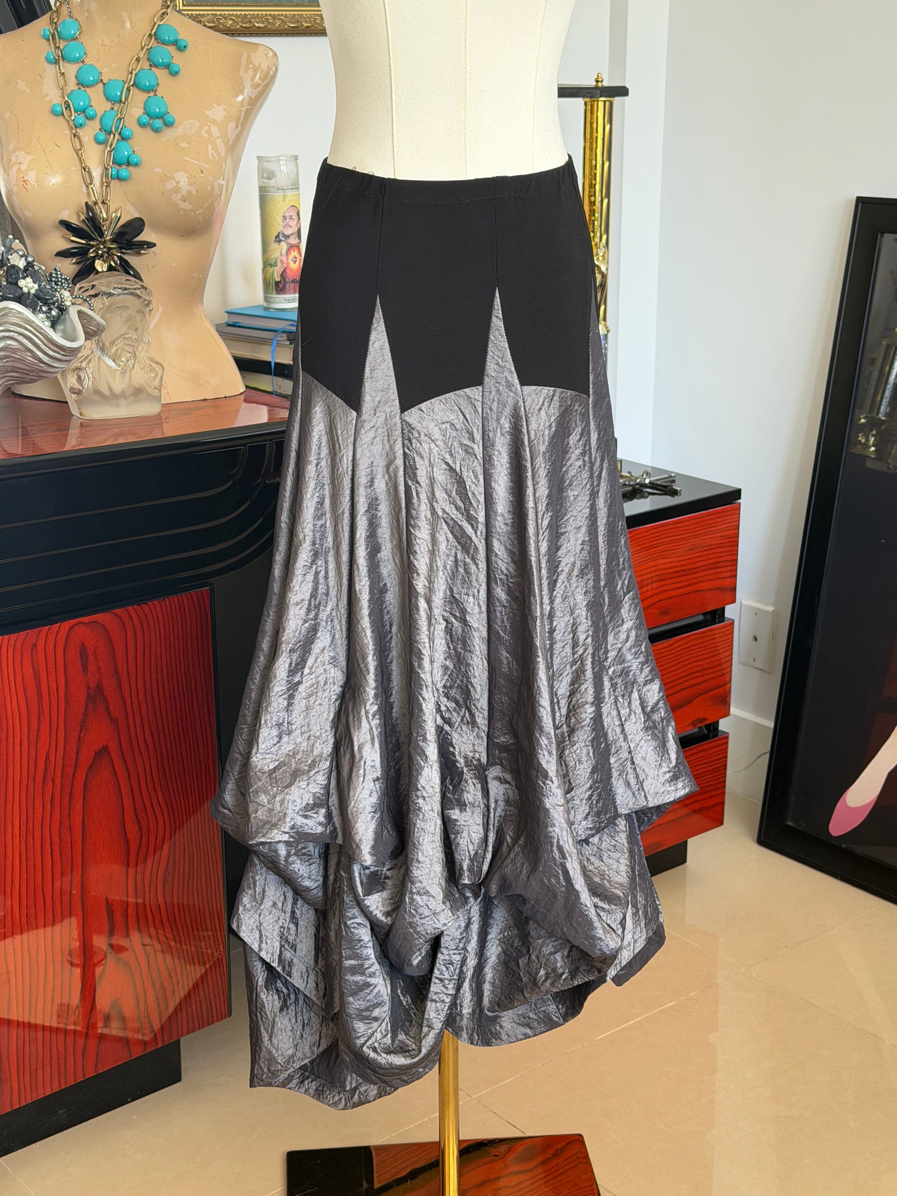 joseph ribkoff metallic silver draped bustle maxi skirt | made in canada | size 4