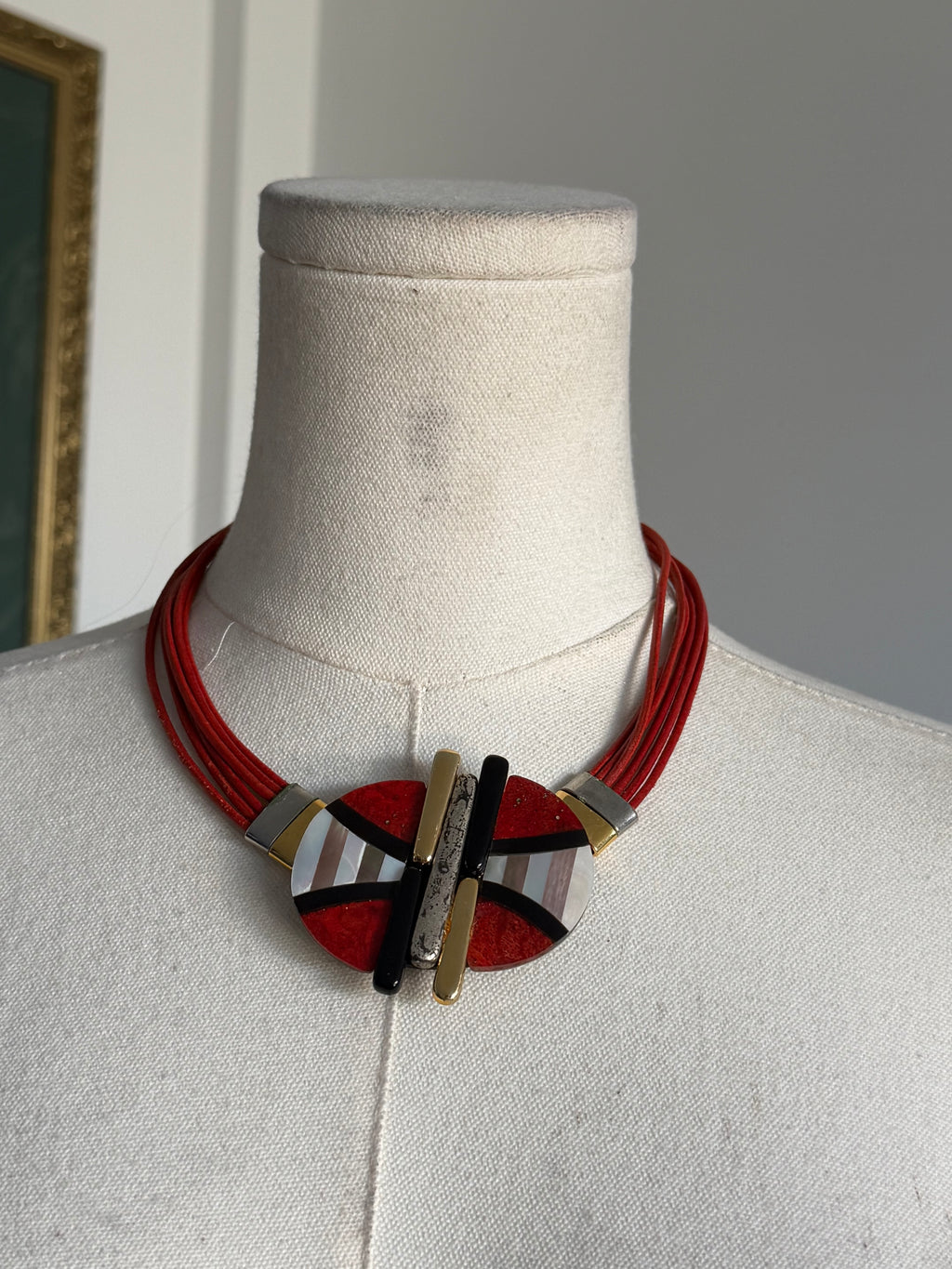 Red Geometric Multi-Strand Statement Necklace