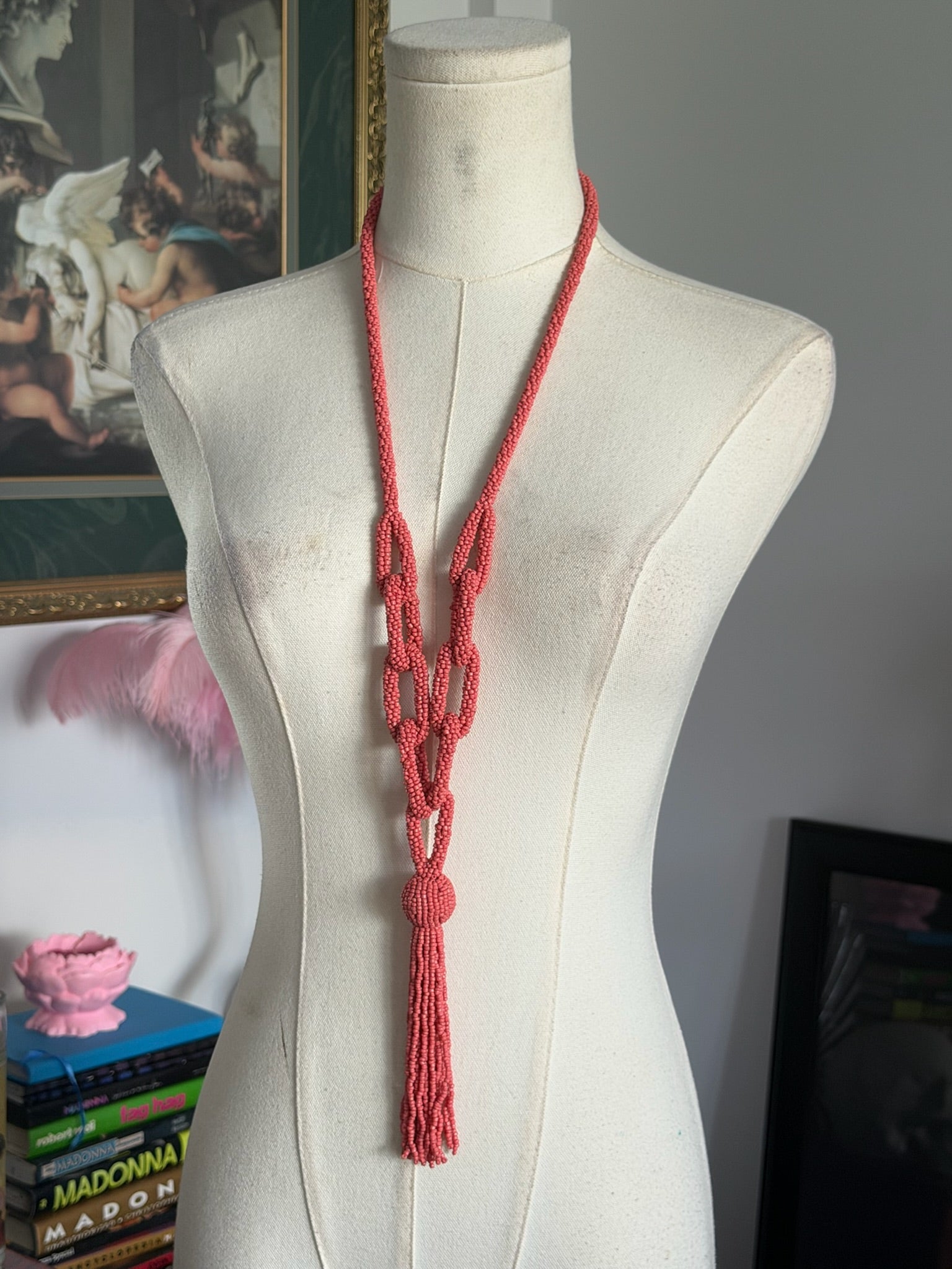 Coral Beaded Tassel Necklace