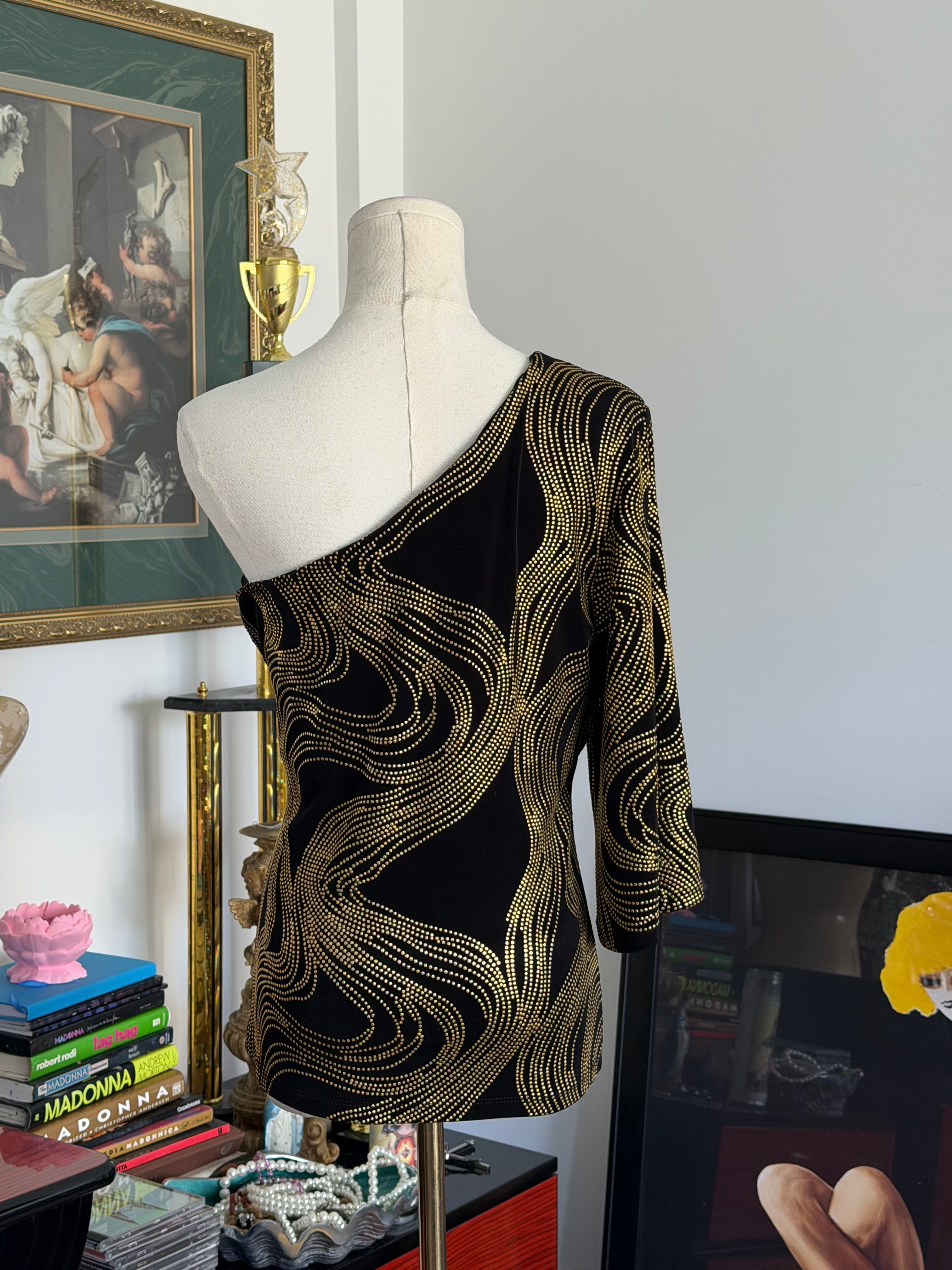Cache Black & Gold Rhinestone One Shoulder Top