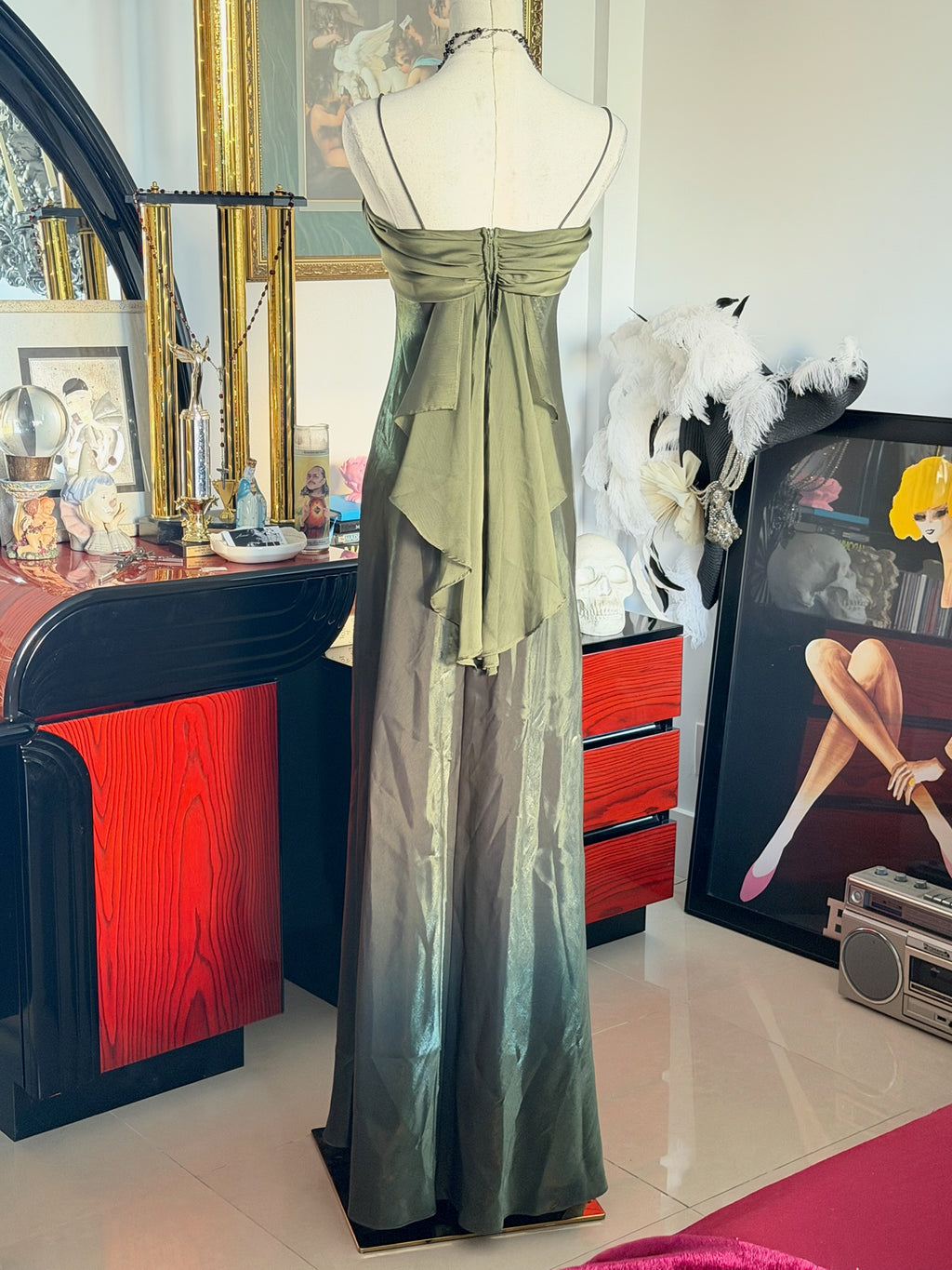 Betsy & Adam Olive Liquid Satin Bias-Cut Evening Gown | Size 4