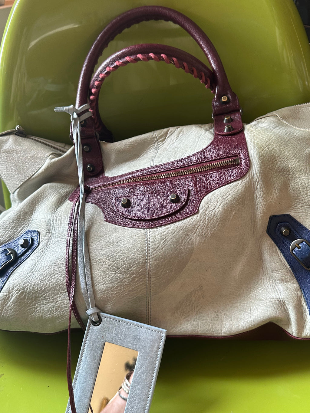 Balenciaga City Bag – Tricolor Cream, Burgundy & Navy (Giant Weekender Size)