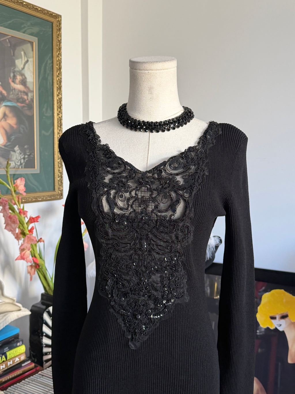 Vintage Caché Black Beaded Lace Reversible Long Sleeve Top
