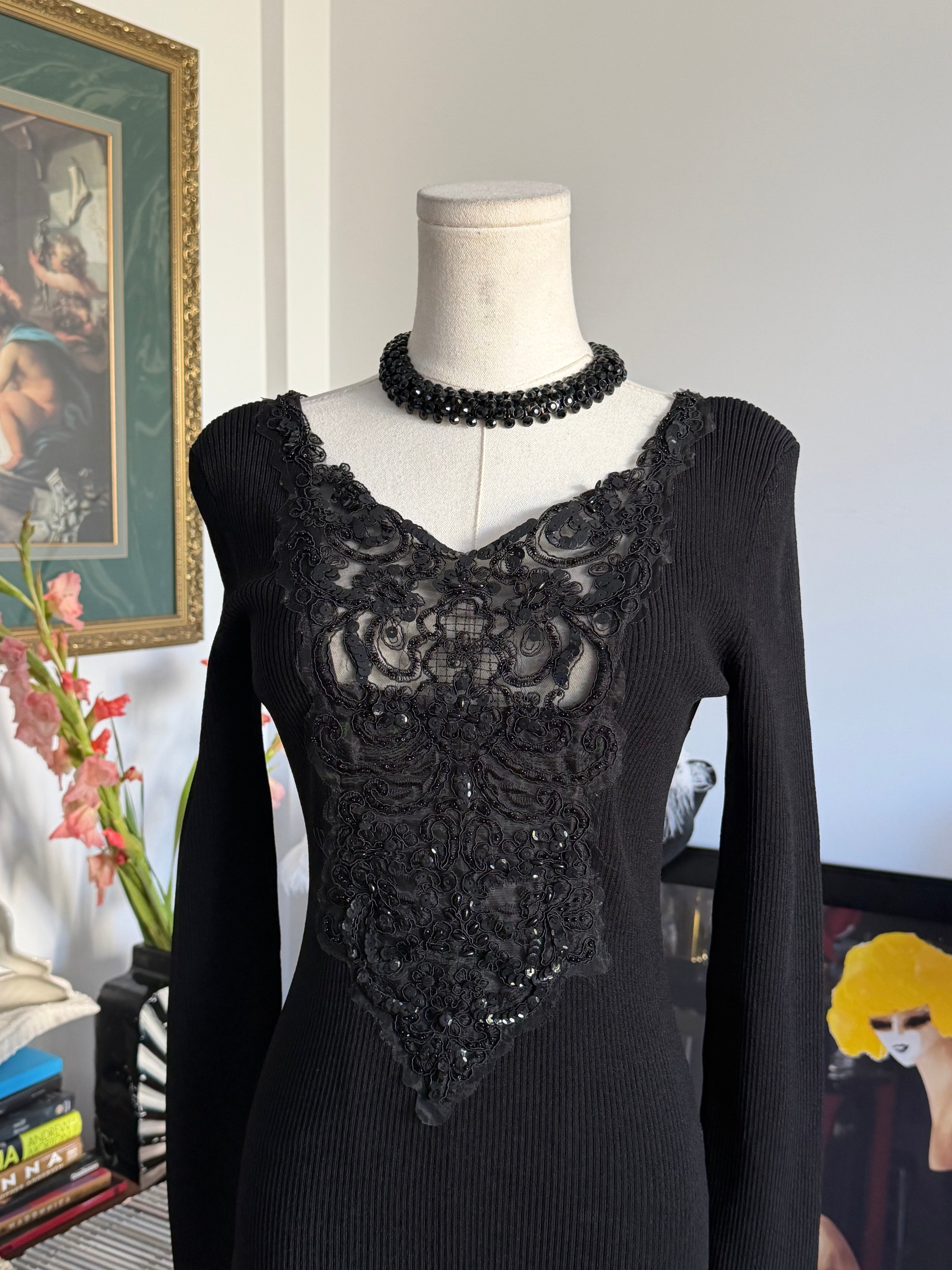 Vintage Caché Black Beaded Lace Reversible Long Sleeve Top