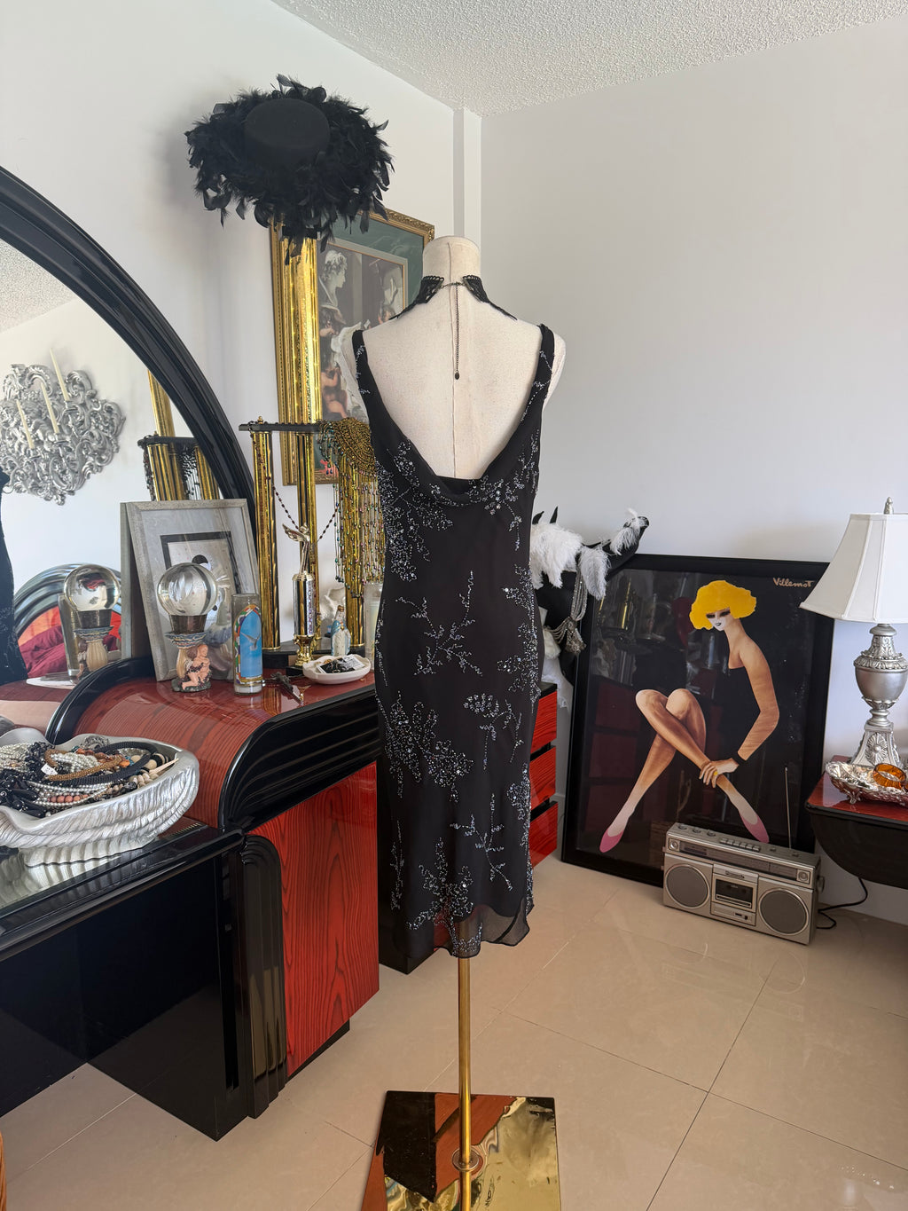 Vintage JKARA New York Black Beaded Evening Dress