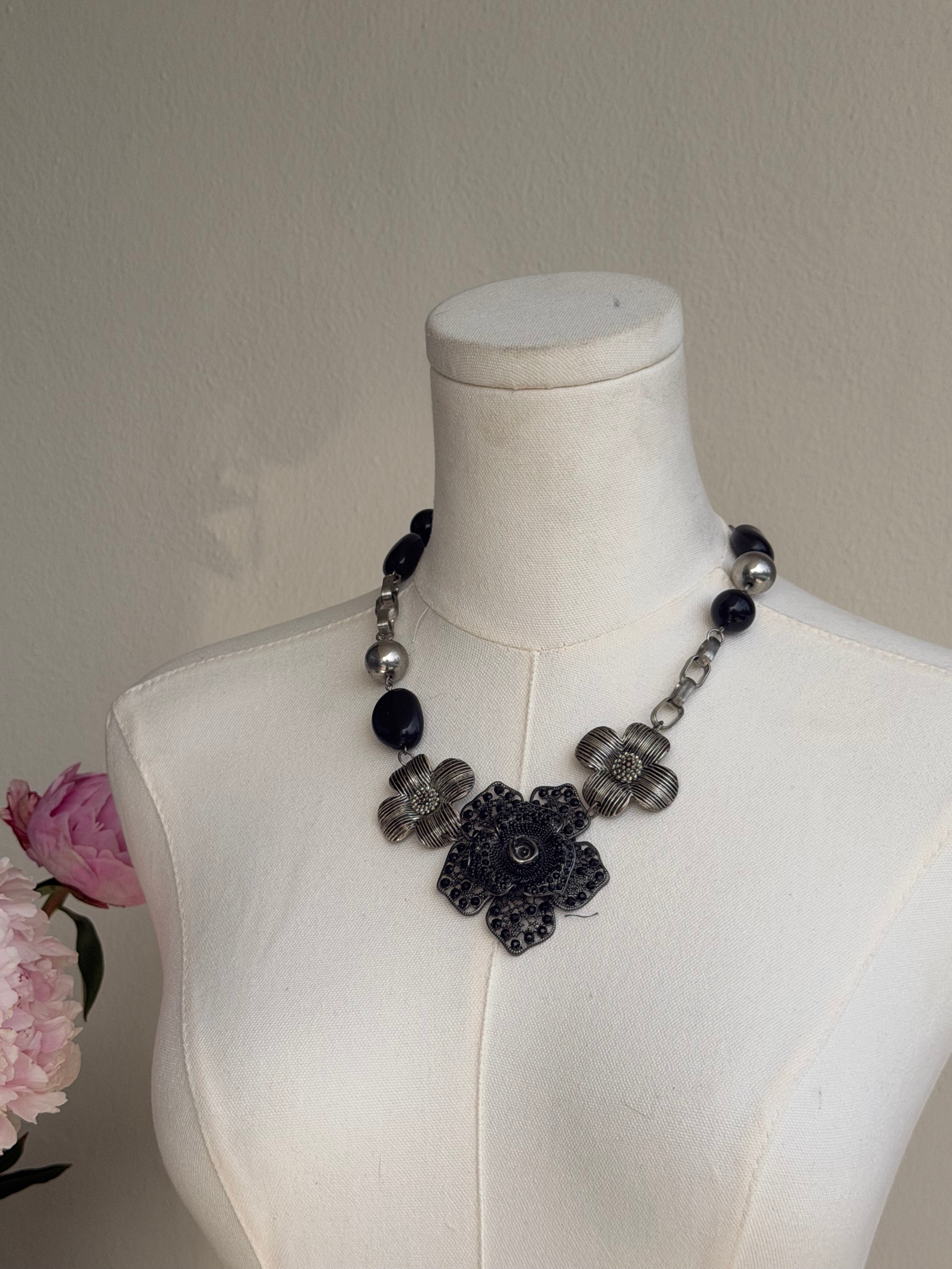 Black & Silver Floral Statement Necklace