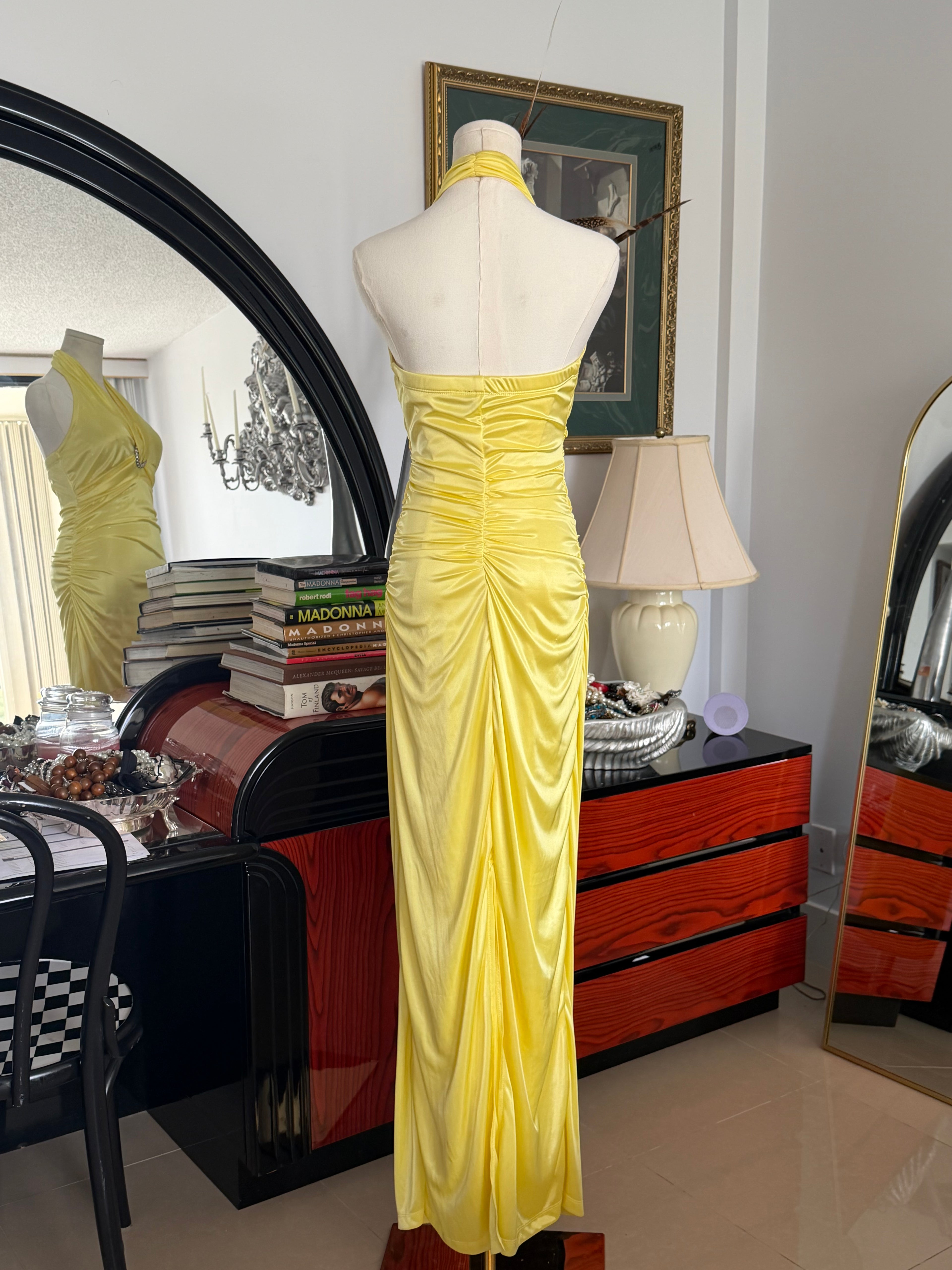 Vintage Bright Lemon Yellow Halter Gown with Rhinestone Detail – Medium