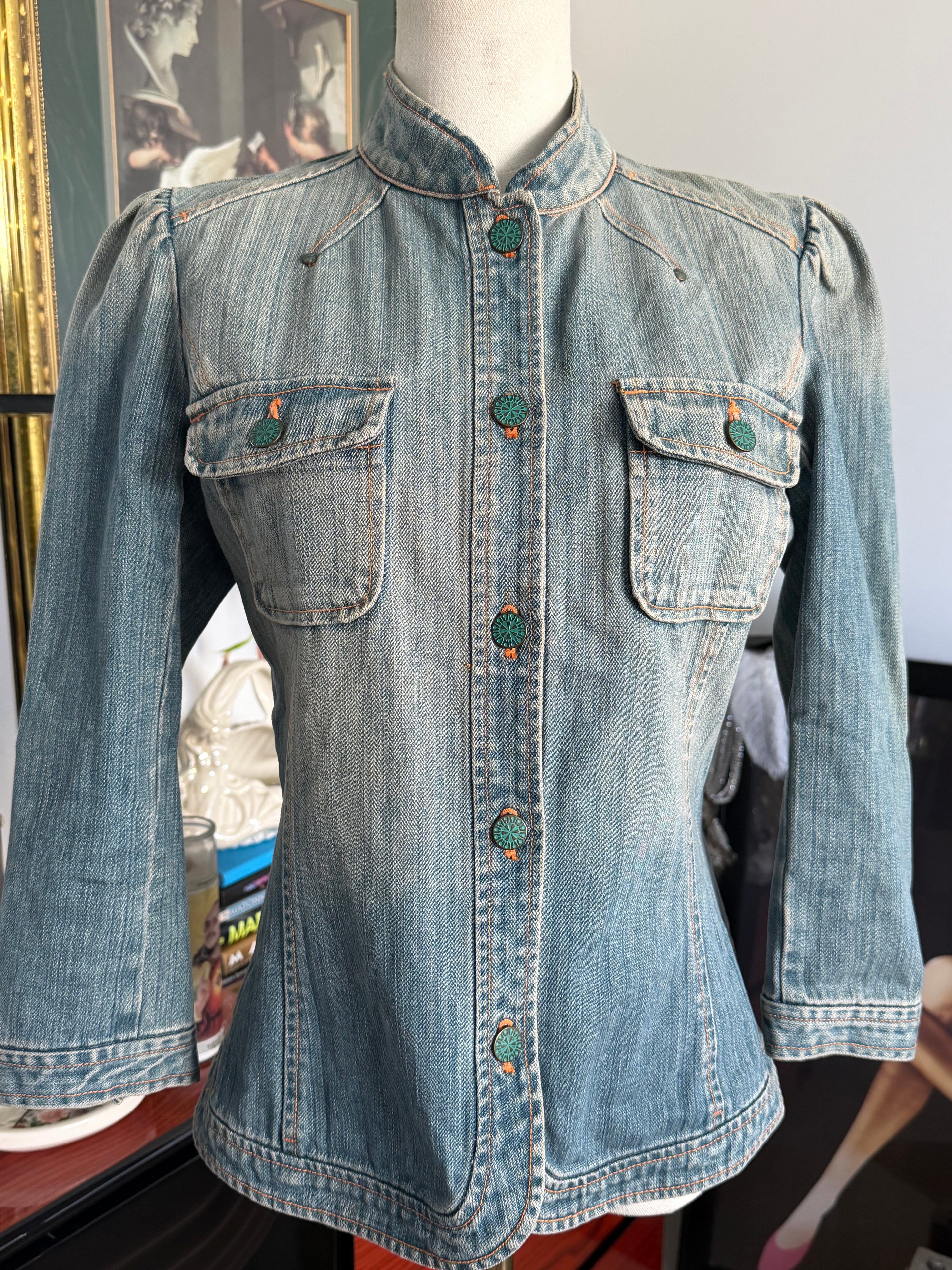 Dana Buchman Denim Turquoise Button Fitted Jacket