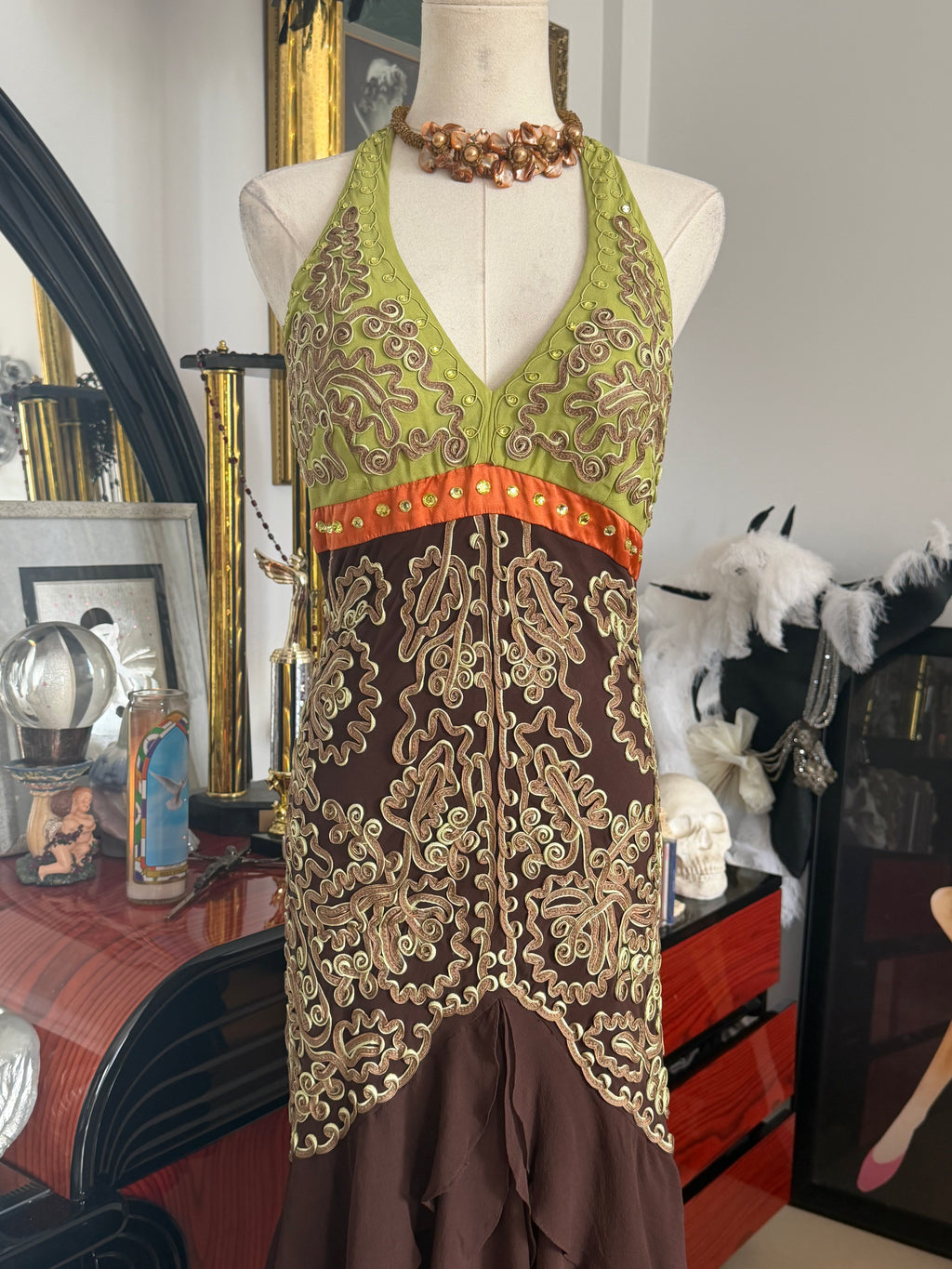 Vintage Sue Wong Couture 100% Silk Embroidered Halter Midi Dress | Size 6