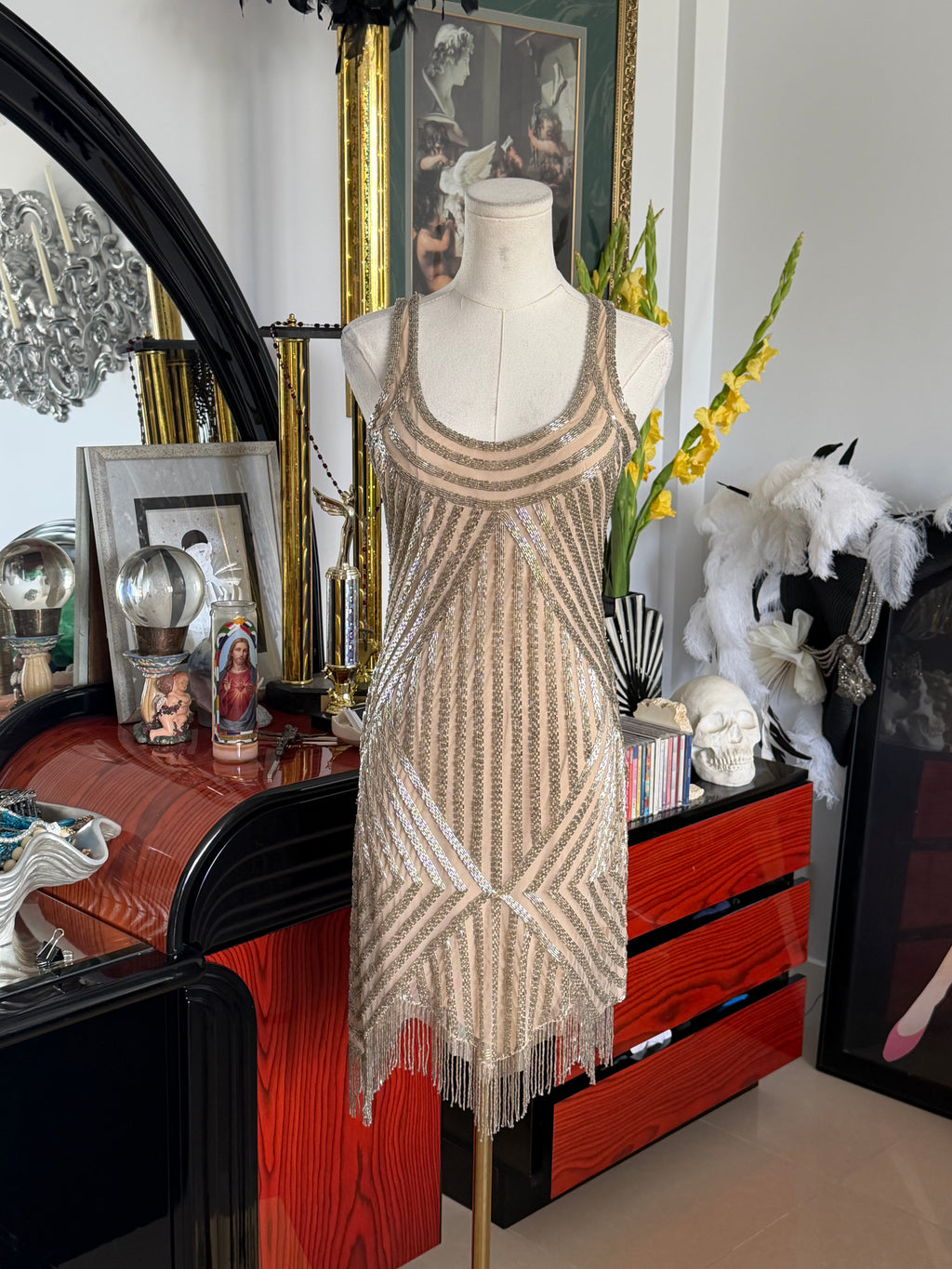 Aidan Mattox Art Deco Beaded Fringe Cocktail Dress