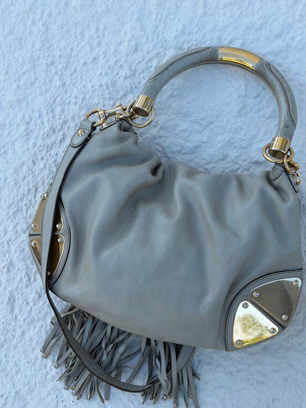 Gucci Indy Medium Hobo – Light Grey Guccissima Leather – Bamboo Tassels – Gold Hardware