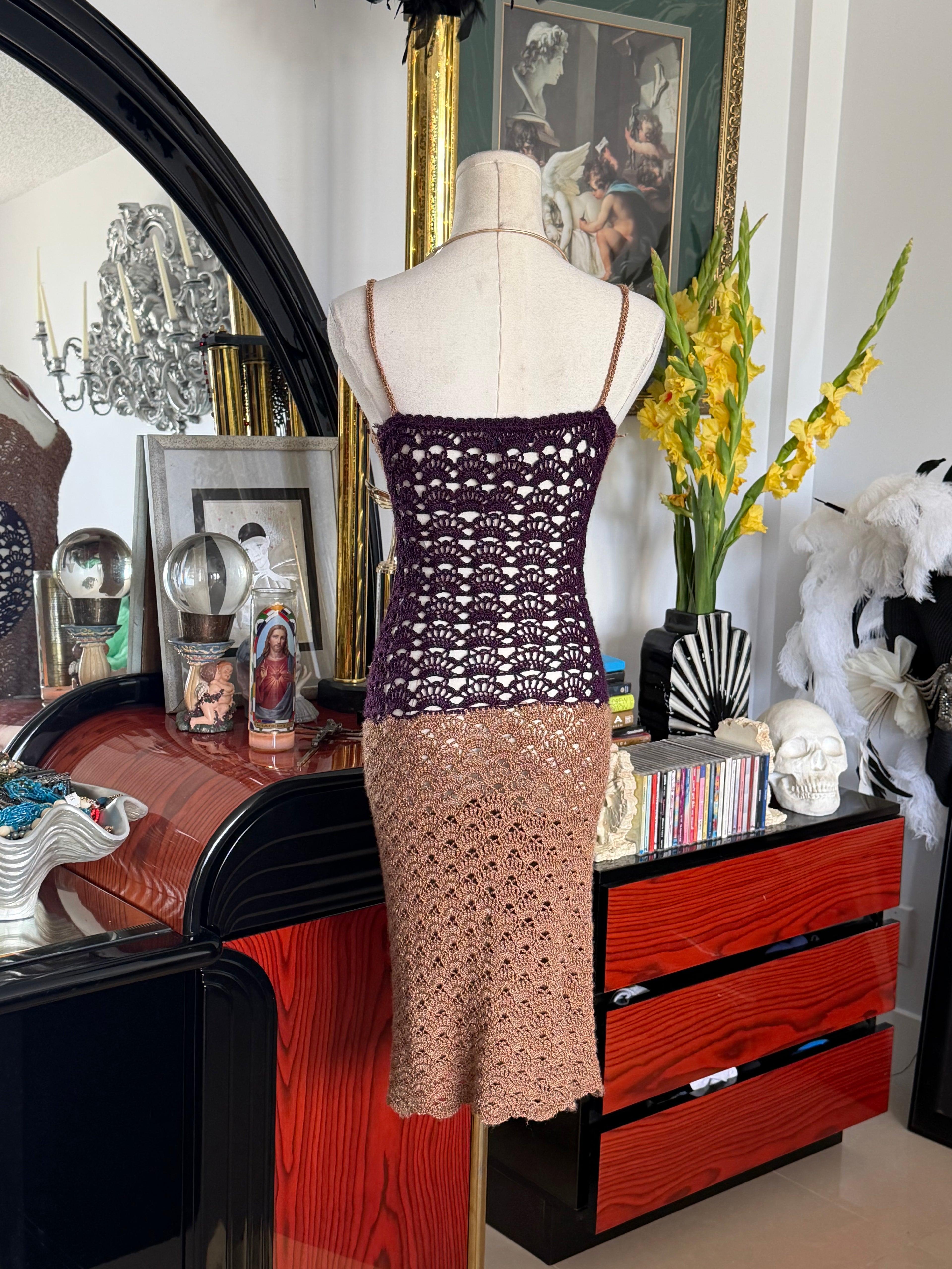A.TEEN Brown & Plum Crochet Bodycon Midi Dress