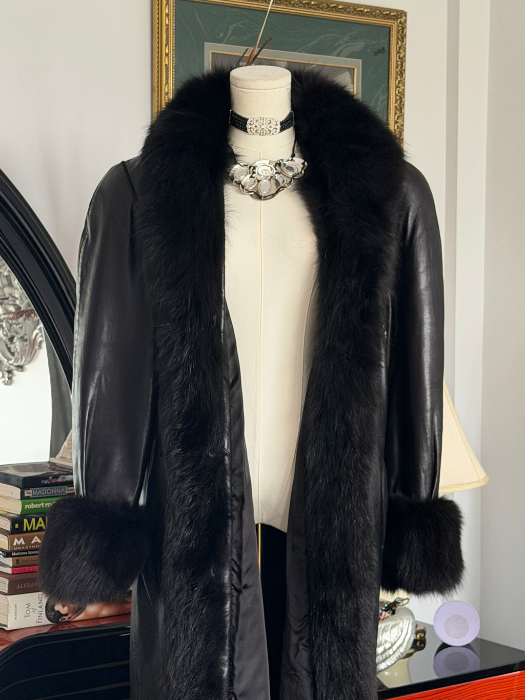 Thermi Vintage Black Nappa Leather Coat w/ Real Fur Trim + Snakeskin Panels (Longline)