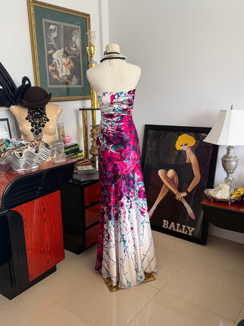 Cache Floral Satin Strapless Maxi Dress - M