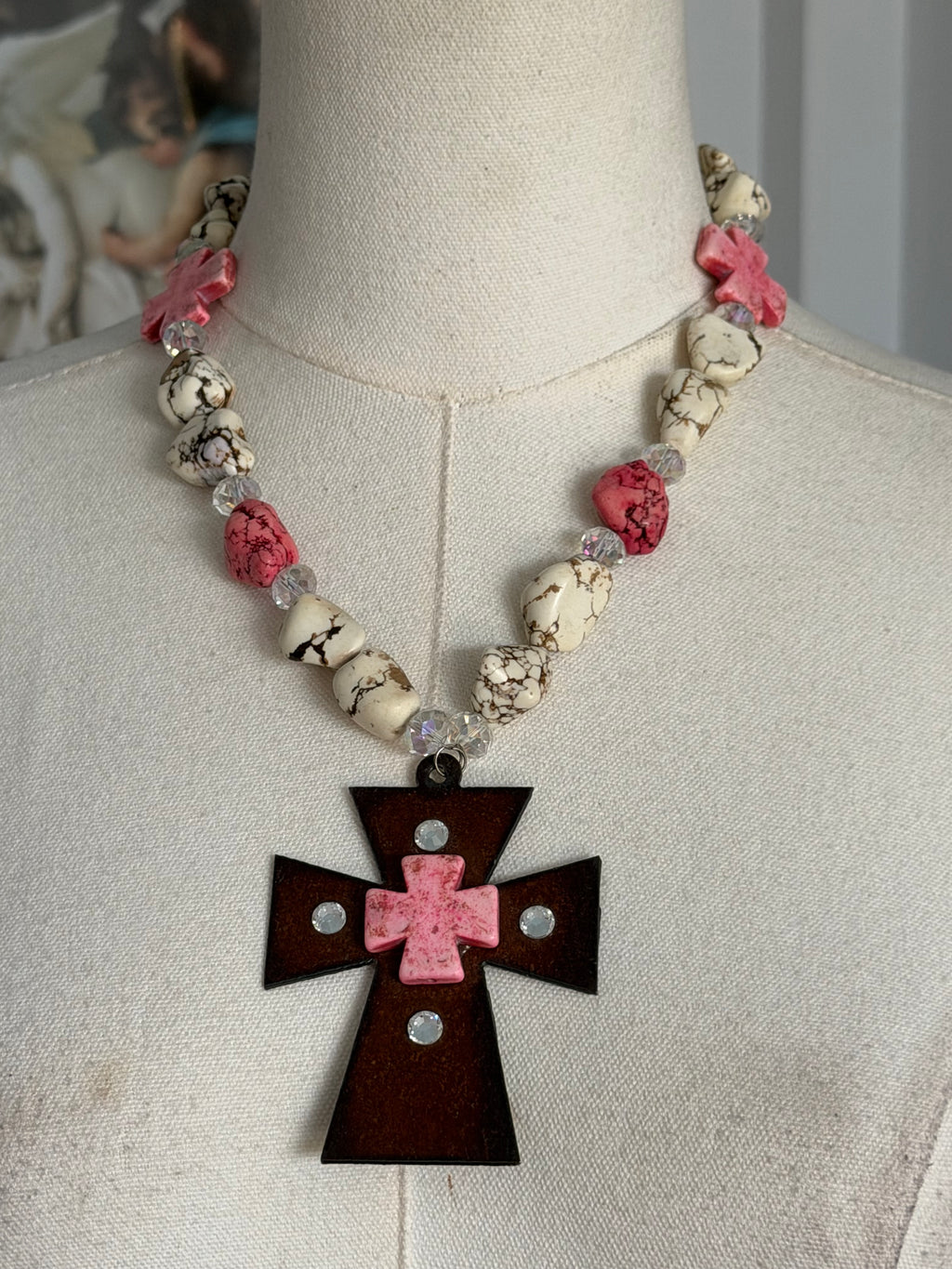 Pink cross statement necklace