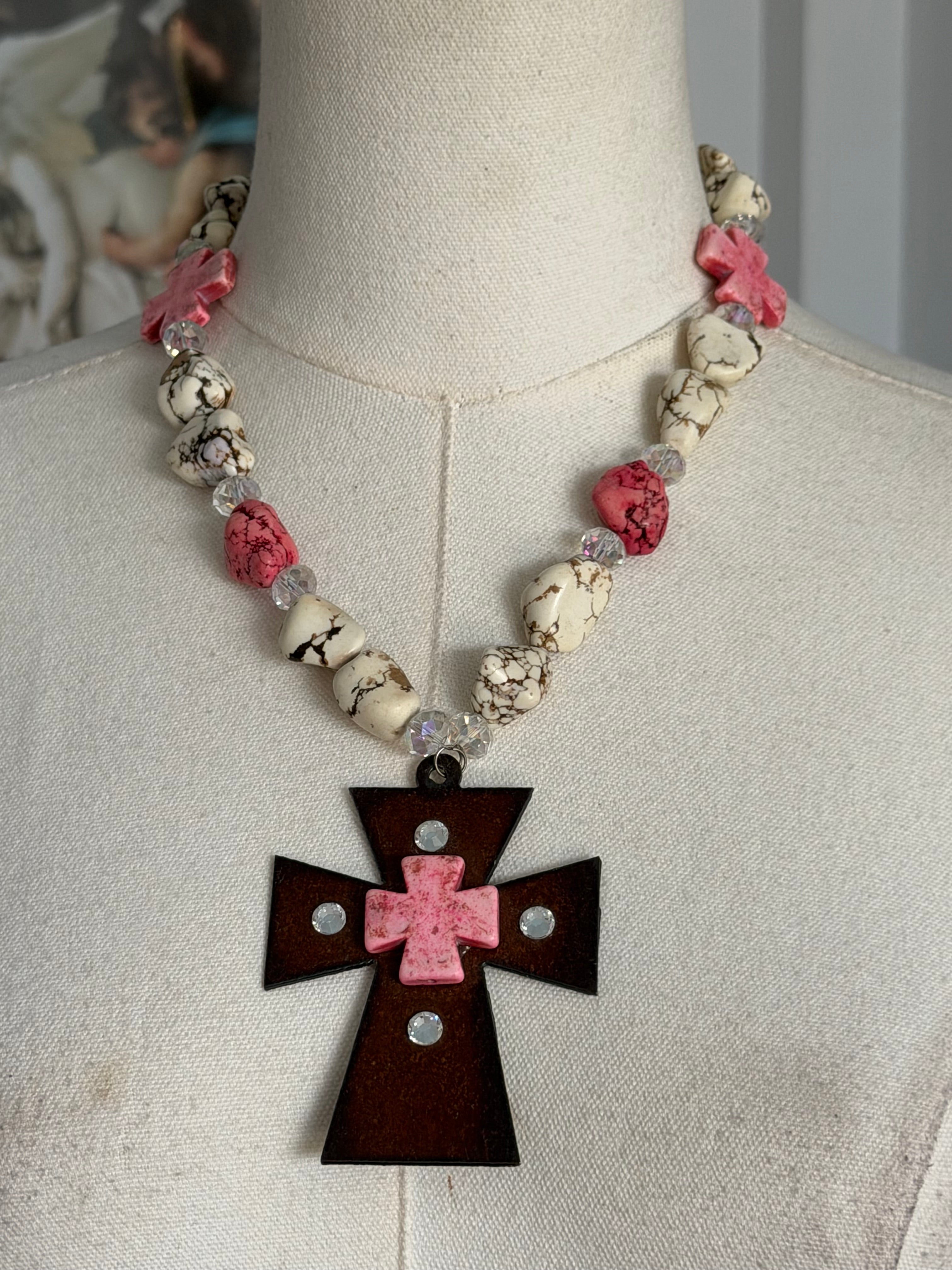 Pink cross statement necklace