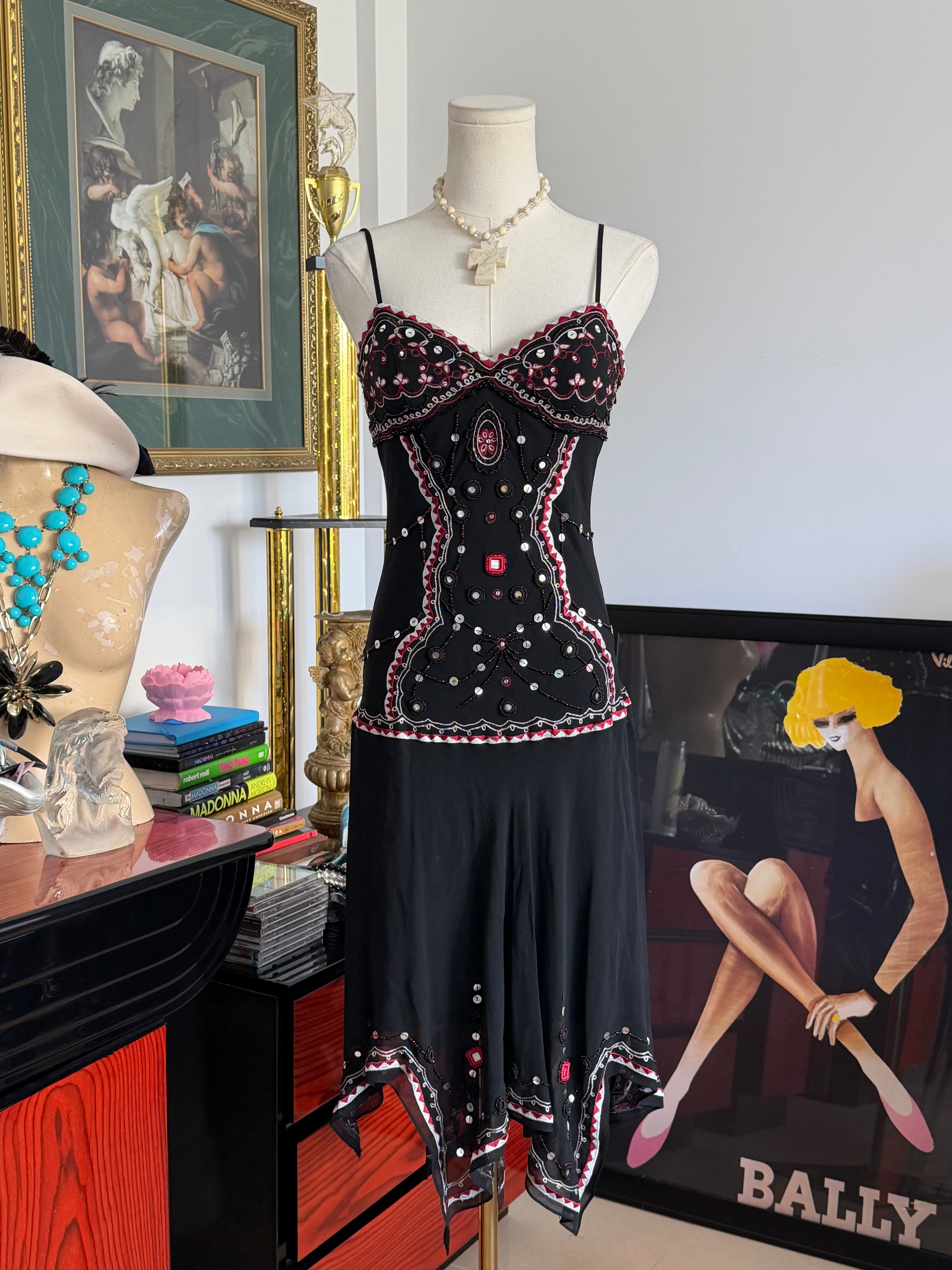 Vintage Sue Wong Black Silk Beaded Corset Illusion Handkerchief Dress -6