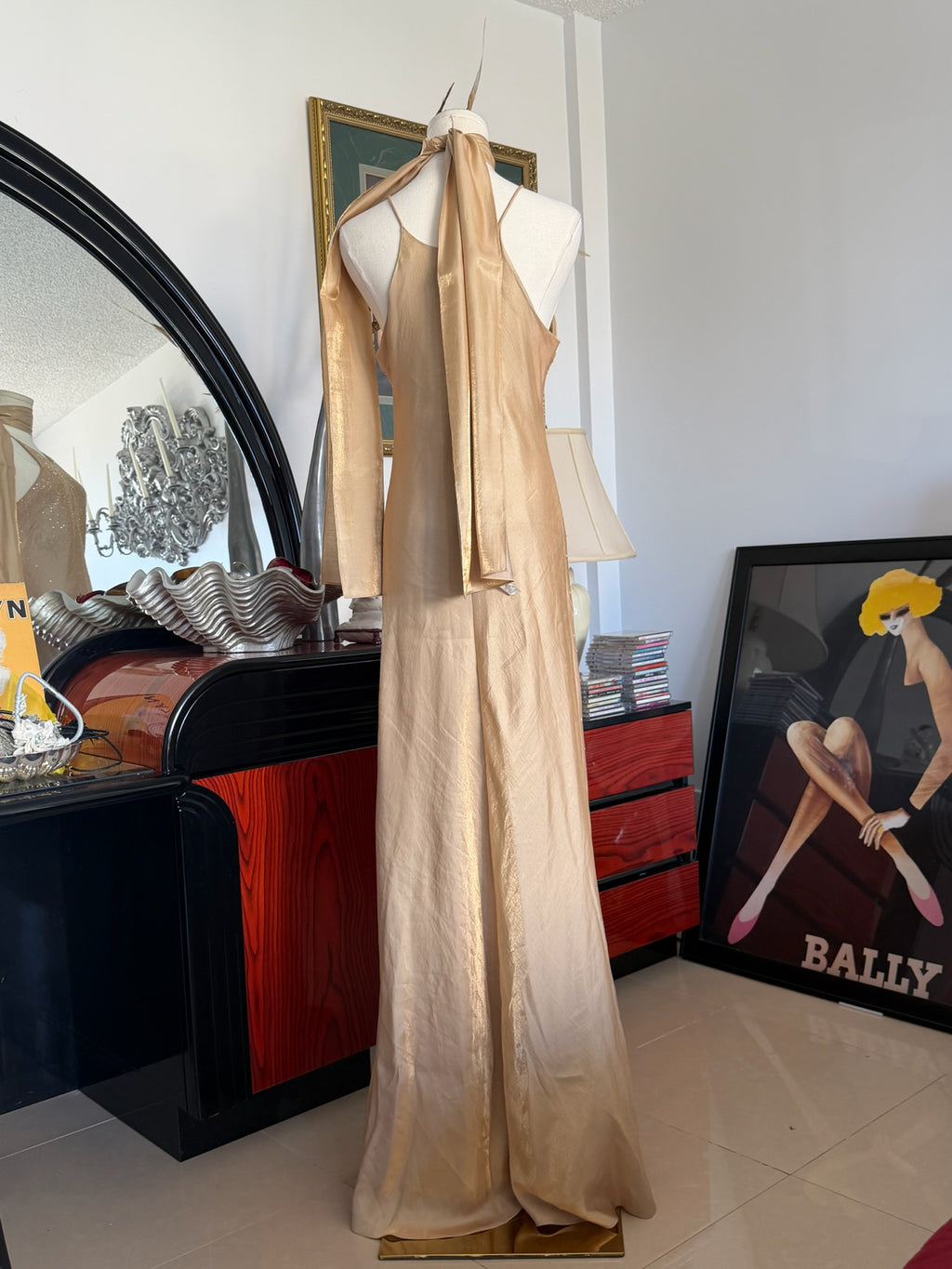 Champagne Gold Beaded Halter Gown + Scarf
