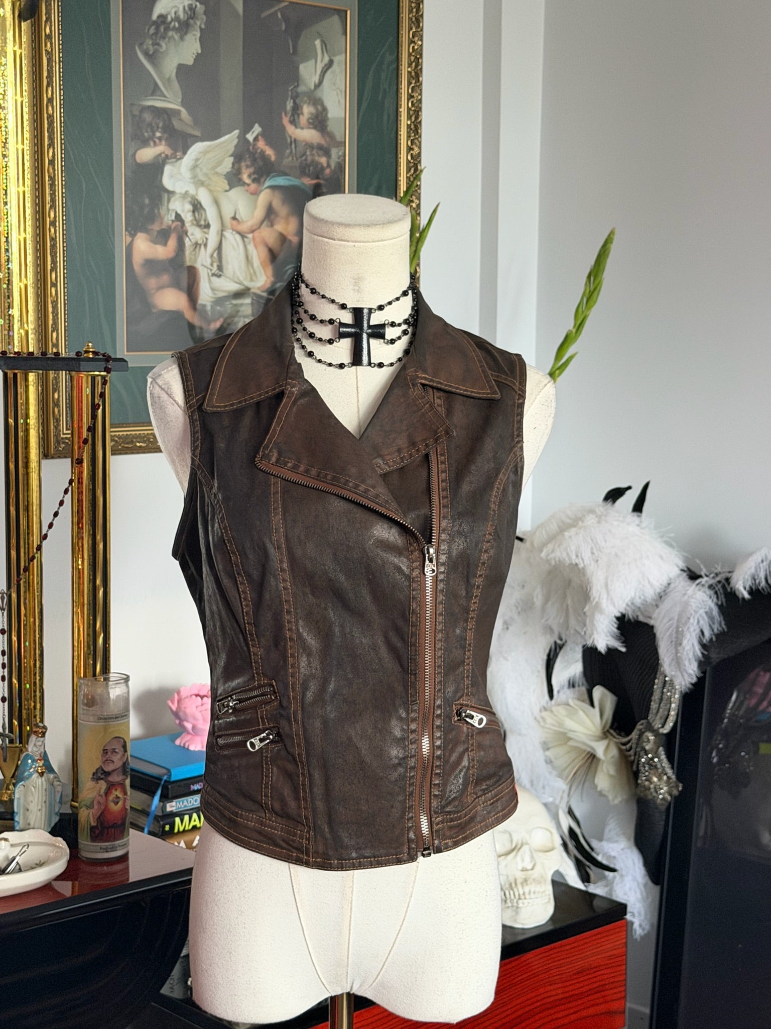 Edc by Esprit Distressed Brown Moto Zip Vest | Y2K Asymmetrical Jacket XS