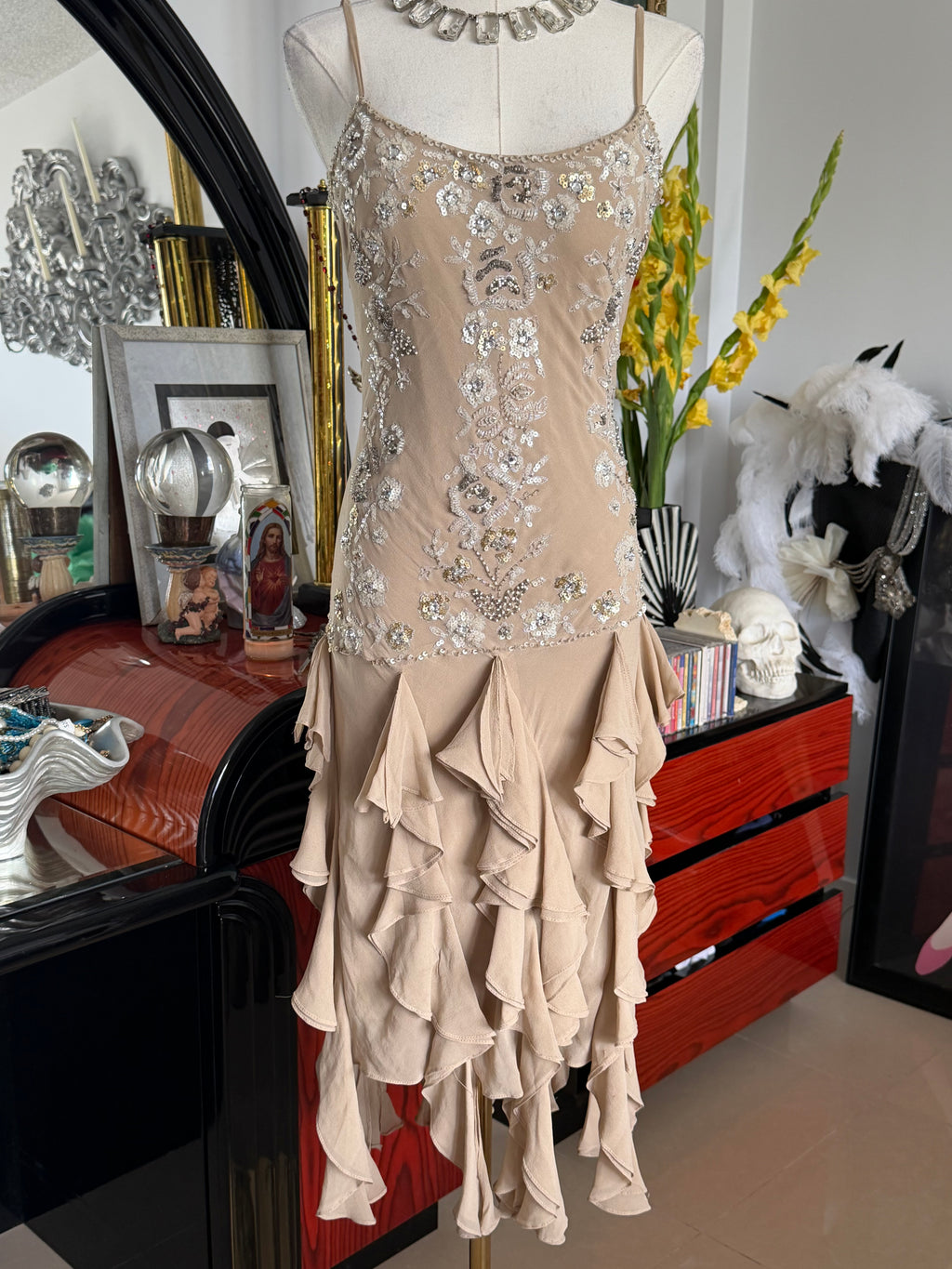 Sue Wong 100% Silk Hand Beaded Champagne Ruffle Dress