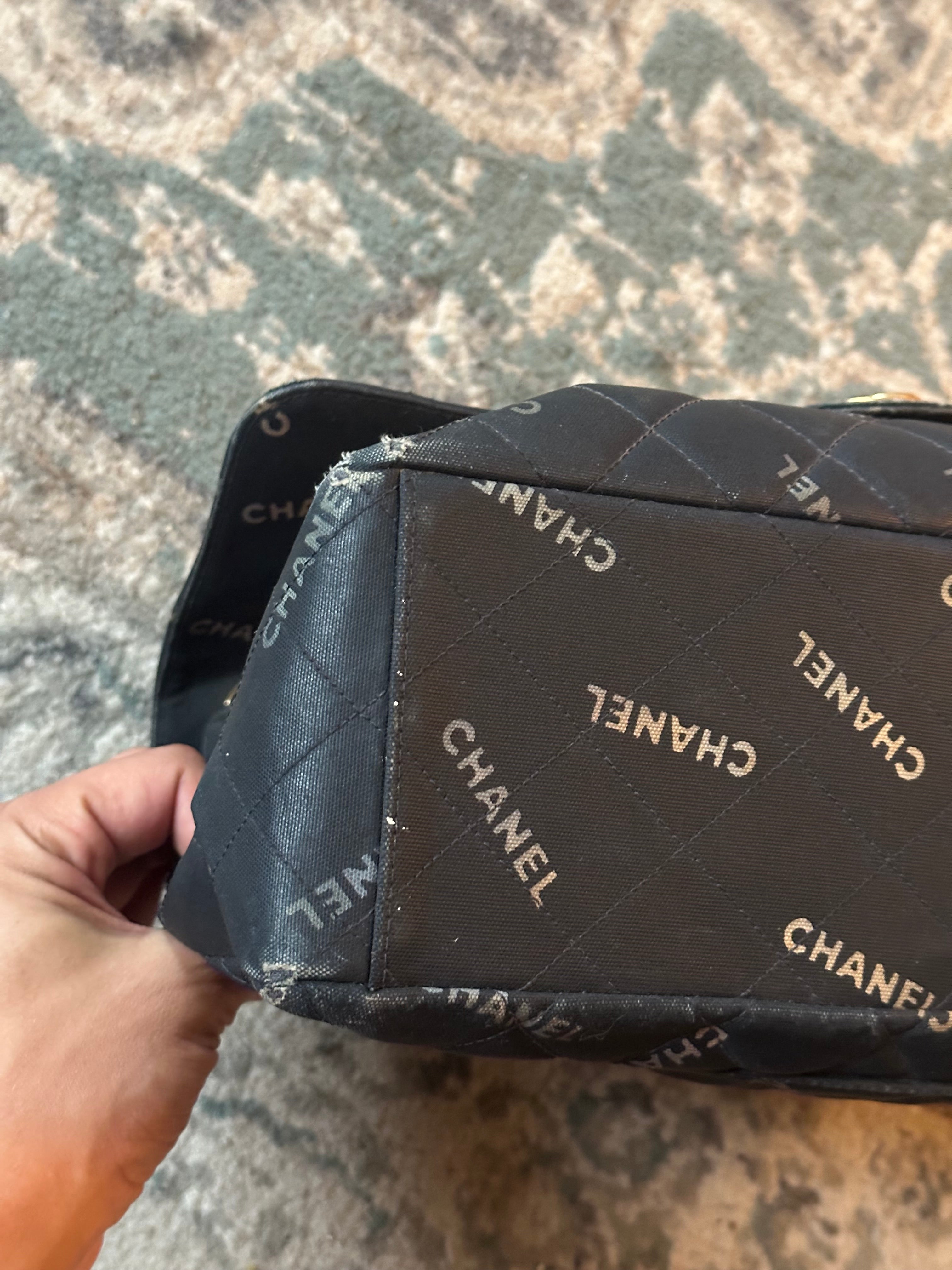 Chanel Black Quilted Canvas Logo Print Maxi XL Flap Bag