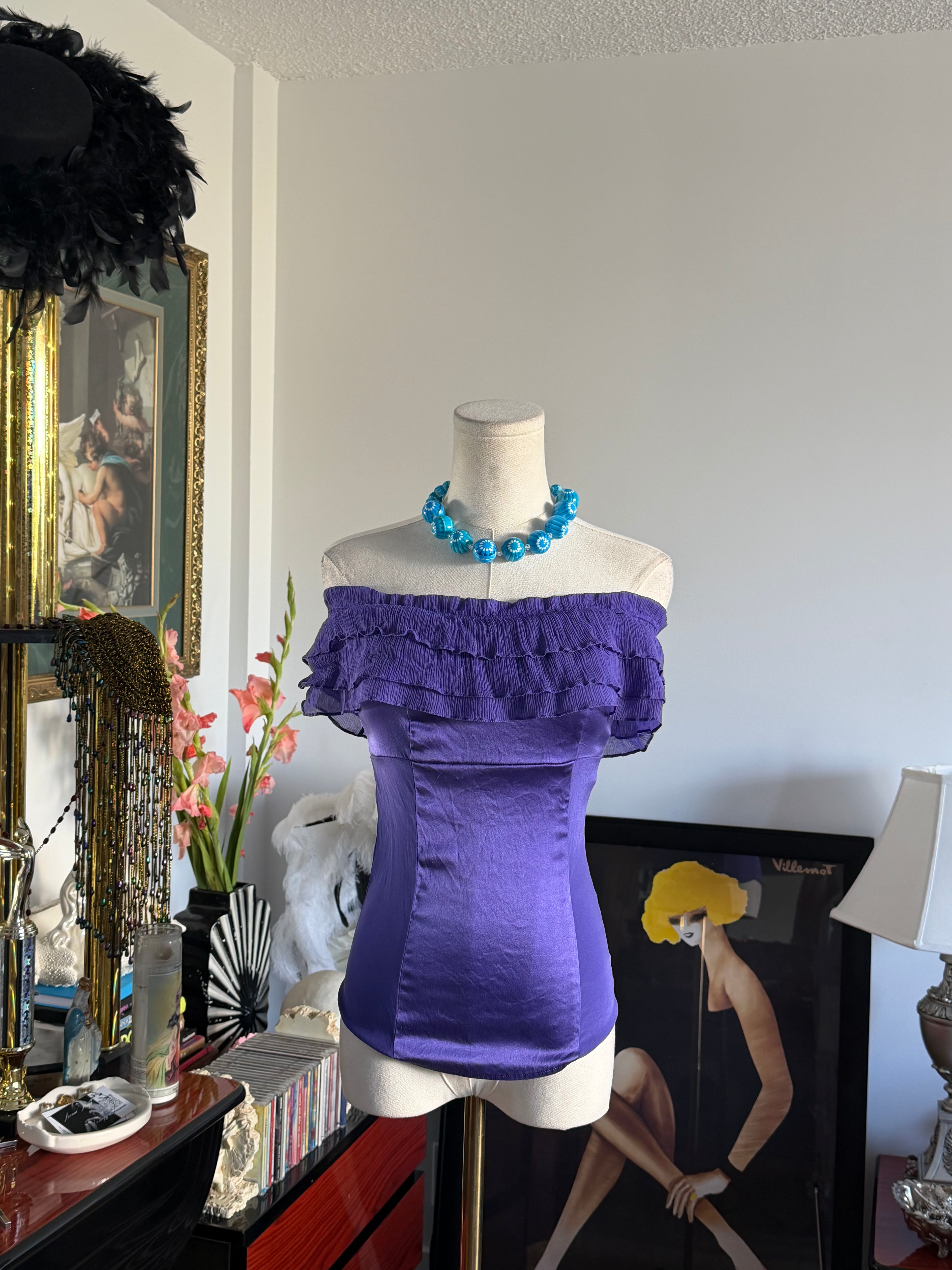 Vintage Marciano Purple Satin Ruffle Off Shoulder Top