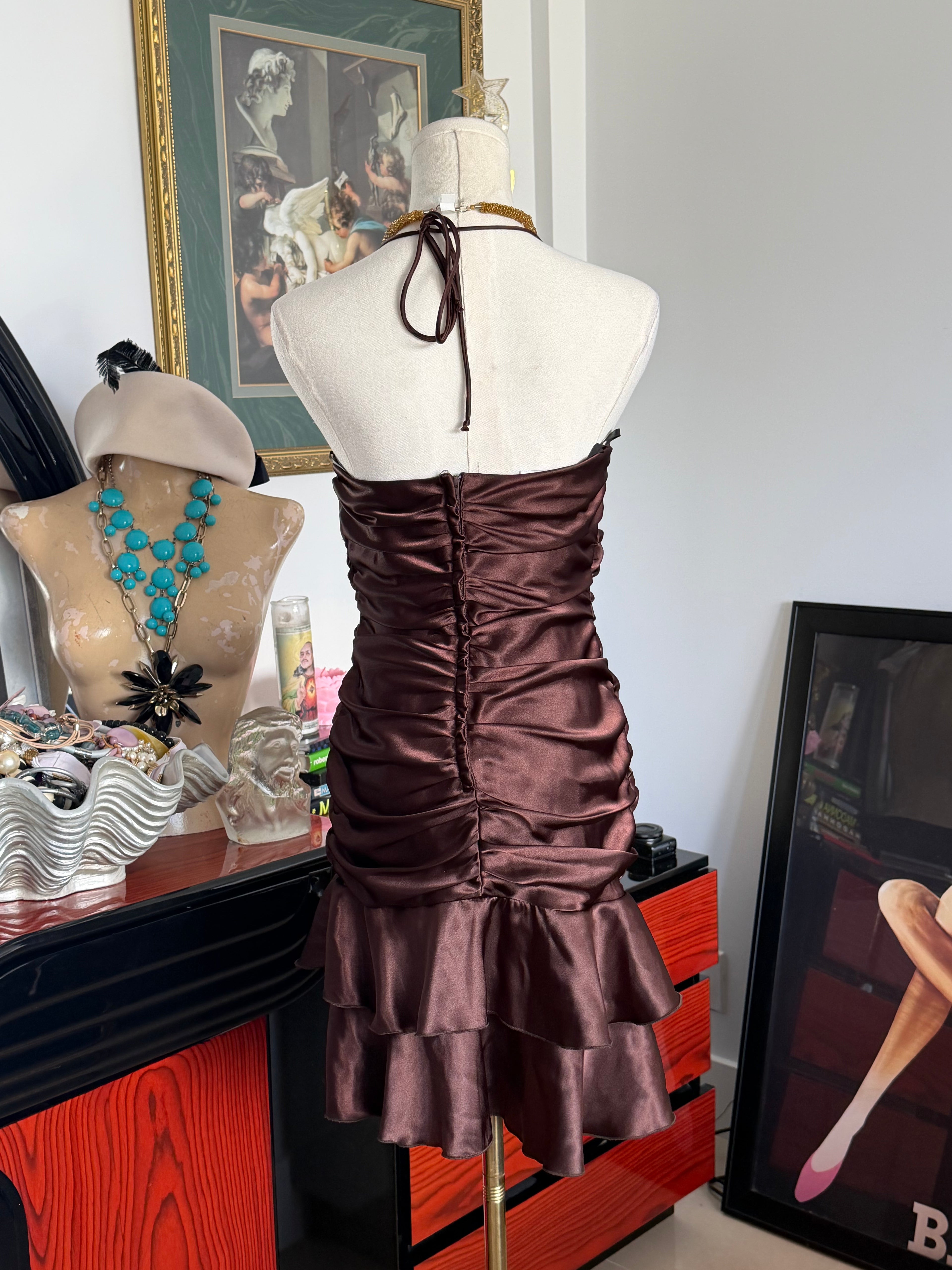 Vintage Y2K Chocolate Satin Ruched Party Dress -S