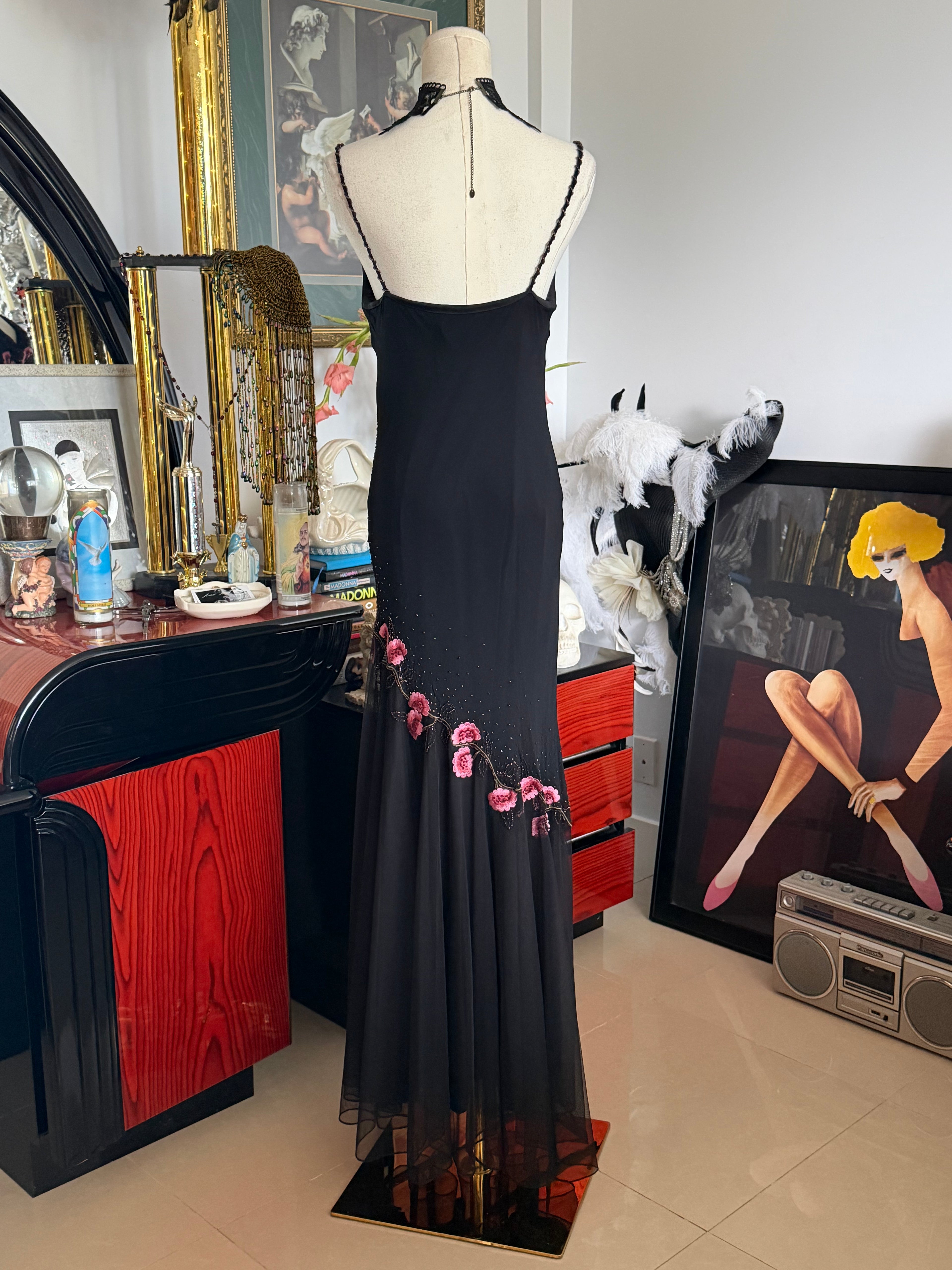 Vintage XSCAPE 100% Silk Black Pink Floral Beaded Gown