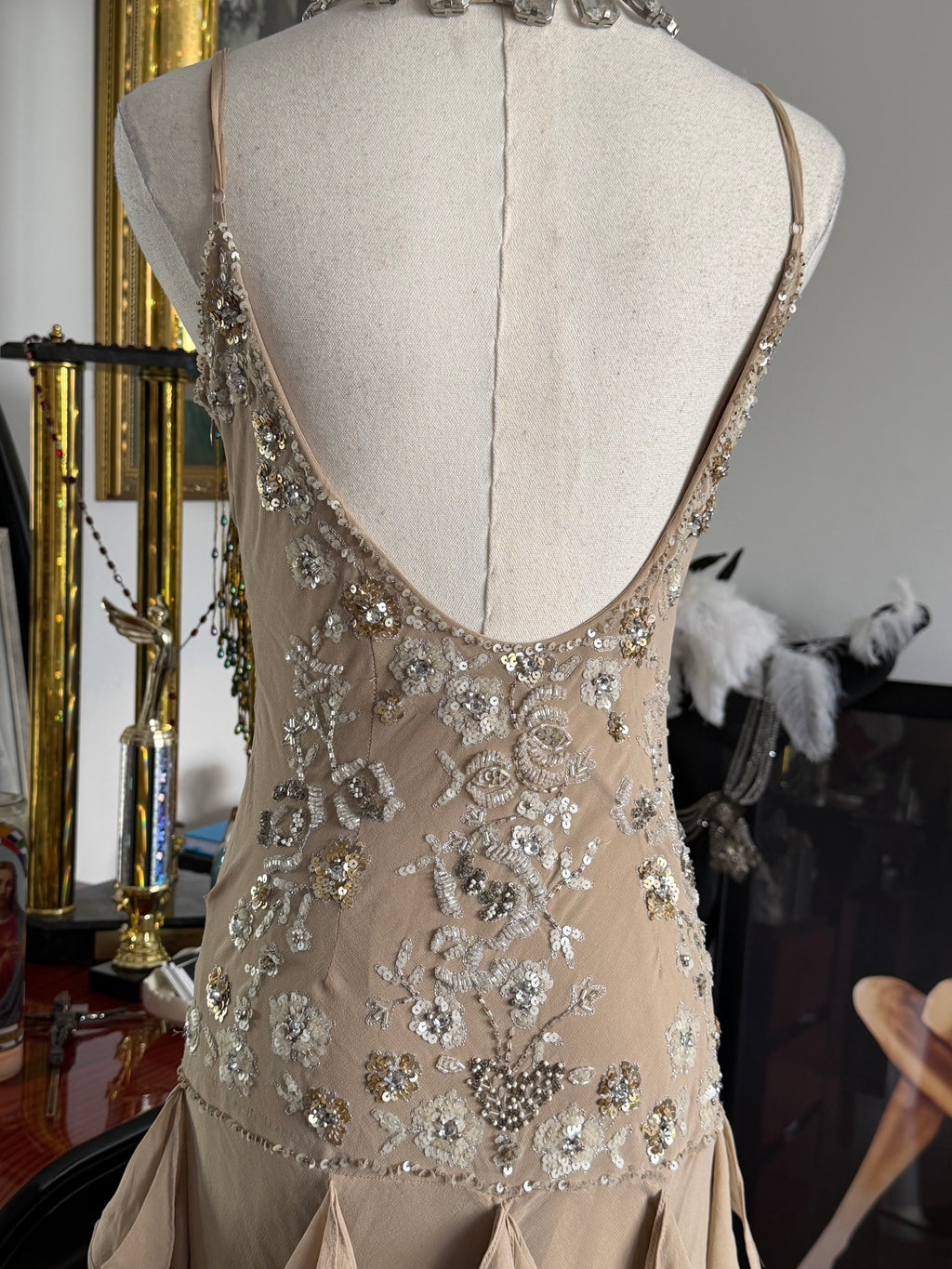 Sue Wong 100% Silk Hand Beaded Champagne Ruffle Dress
