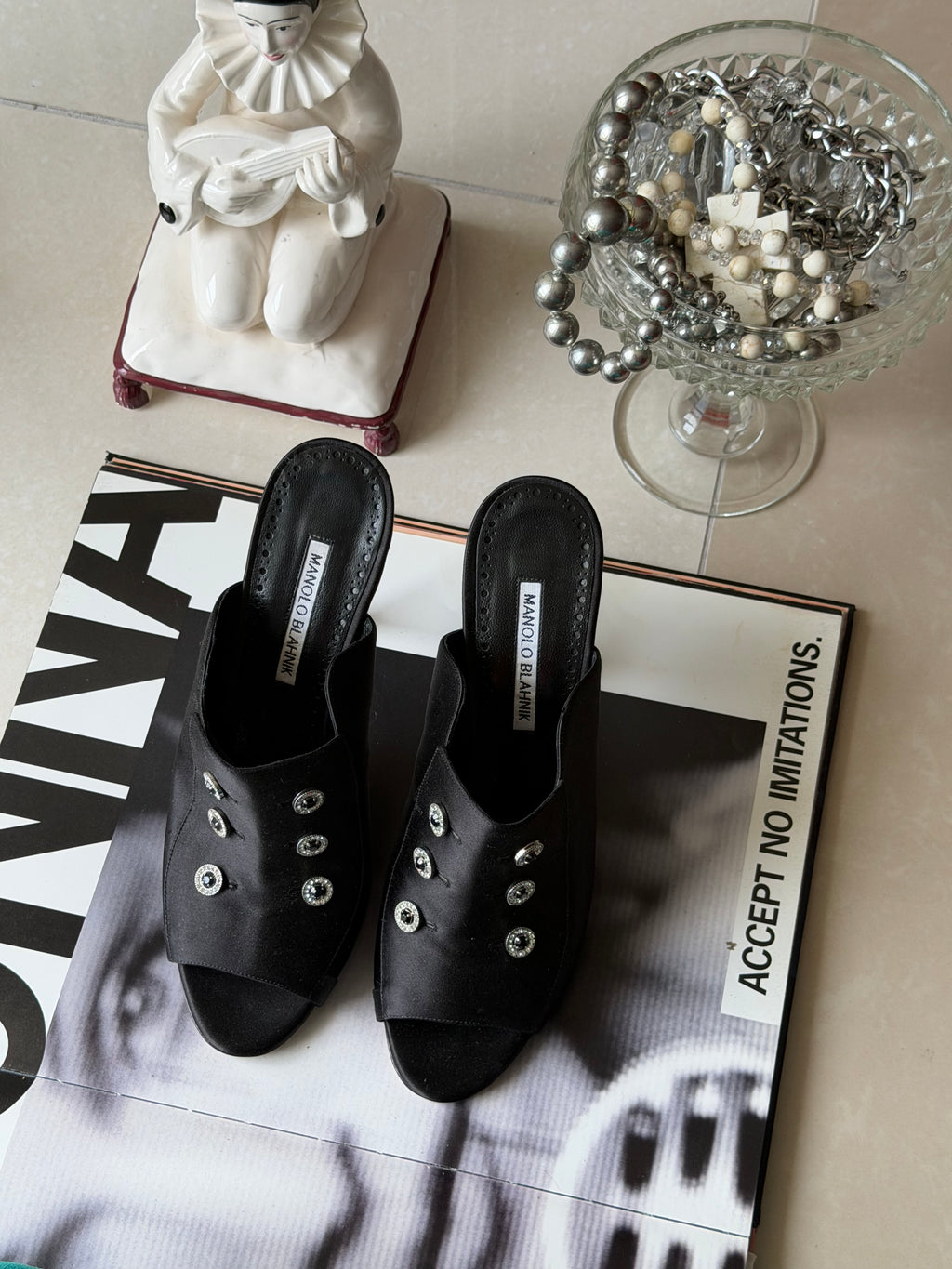 Manolo Blahnik Black Satin Mule Heels with Crystal Buttons – IT 39.5 (US 9.5)