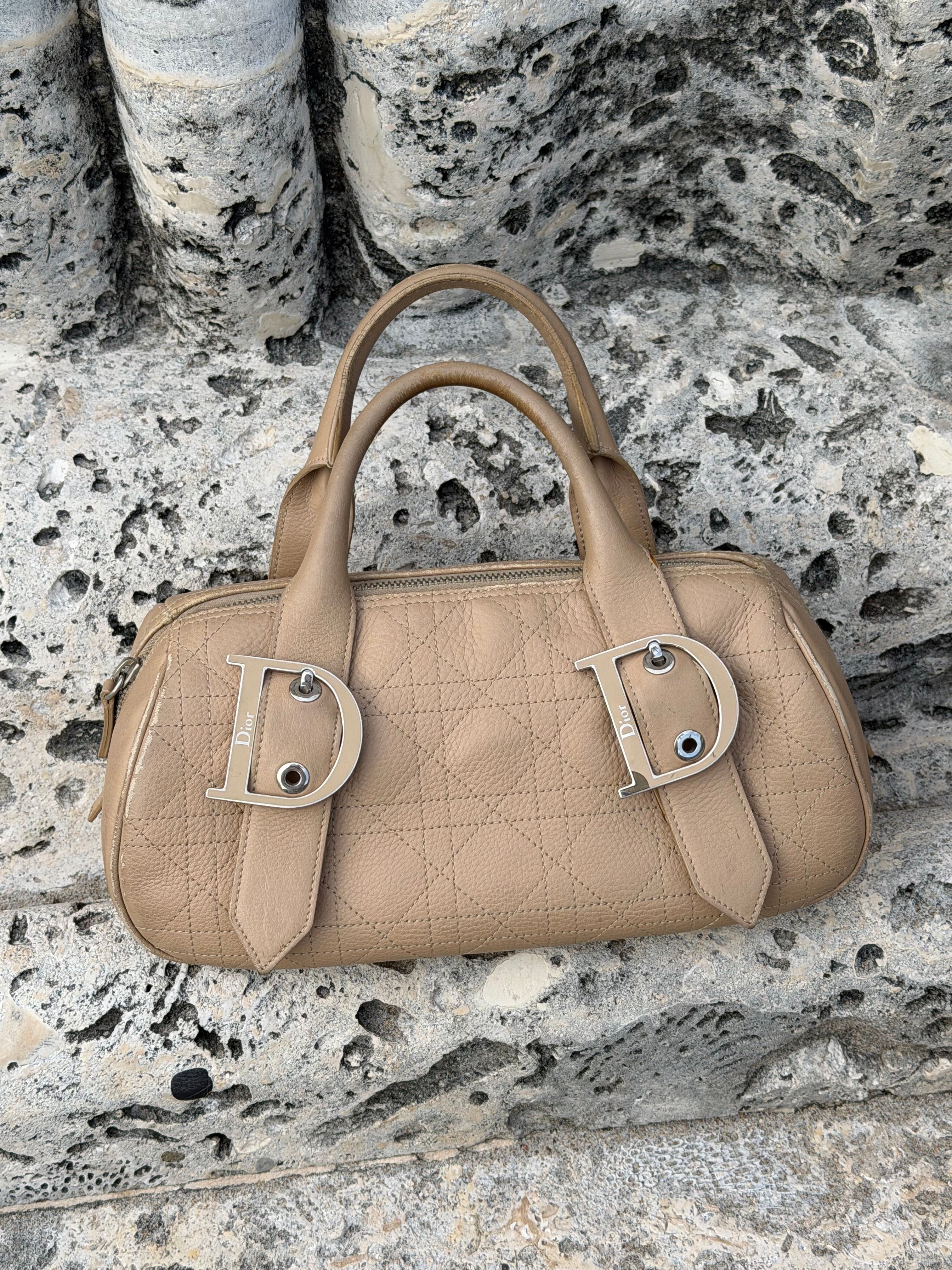 Vintage Christian Dior Street Chic Bowling Bag in Beige Leather – Galliano Era 2000s