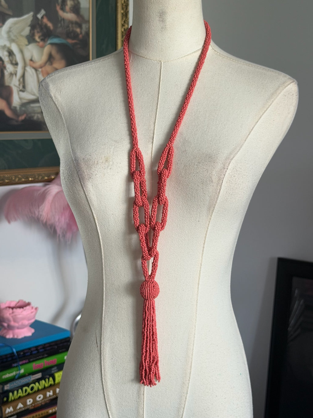 Coral Beaded Tassel Necklace