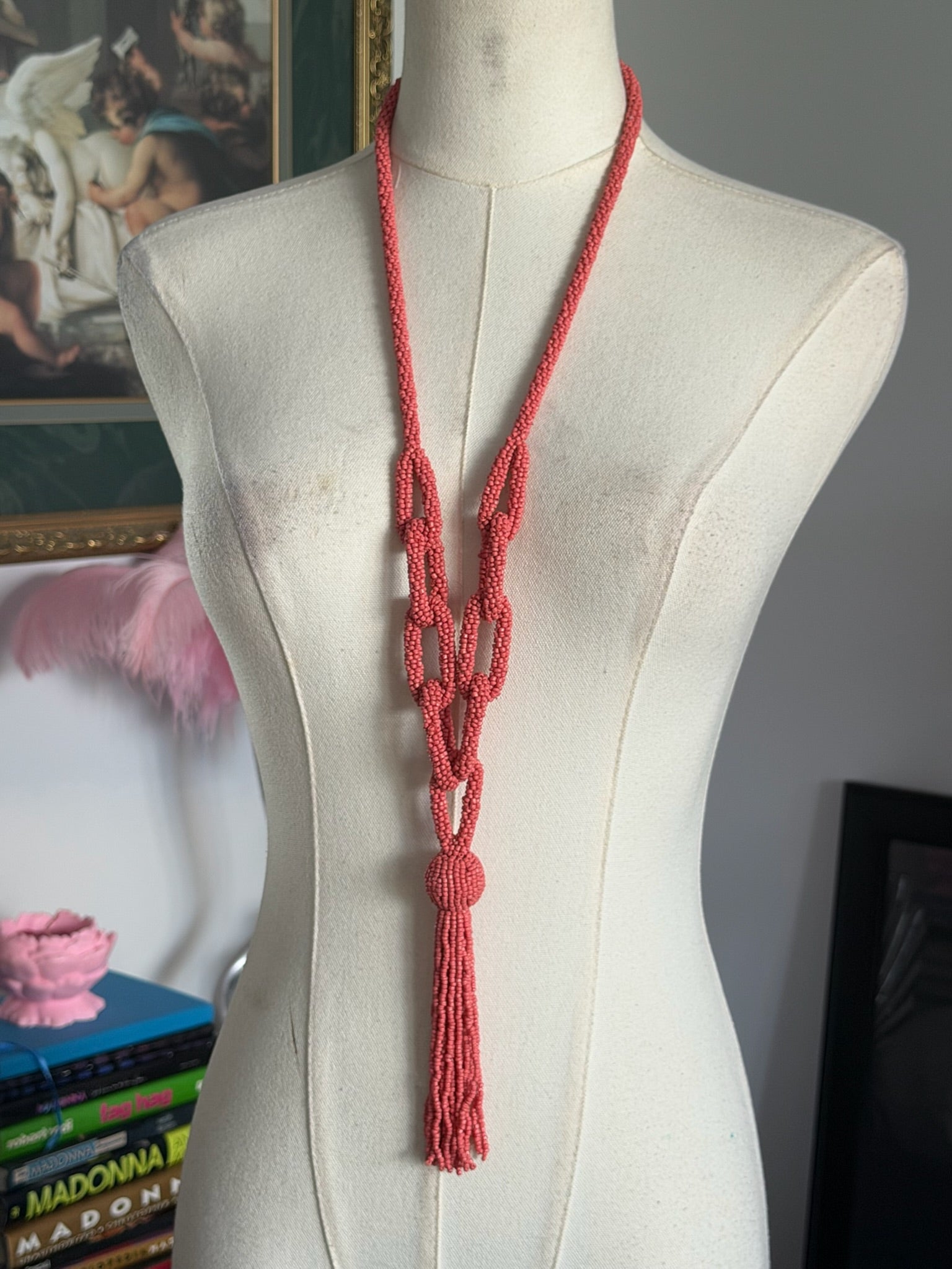 Coral Beaded Tassel Necklace