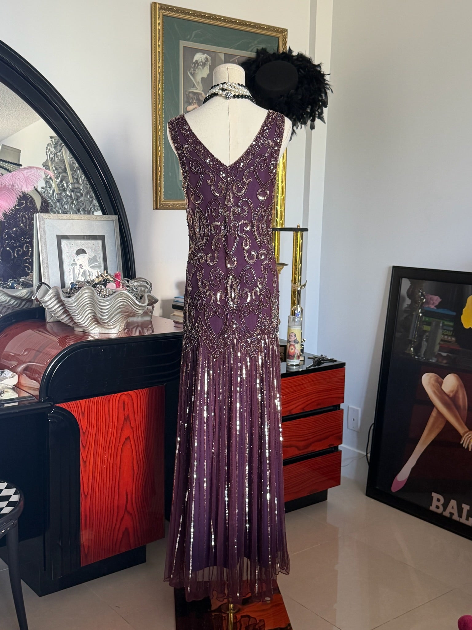 Pisarro Nights Hand-Beaded Plum Art Deco Evening Gown