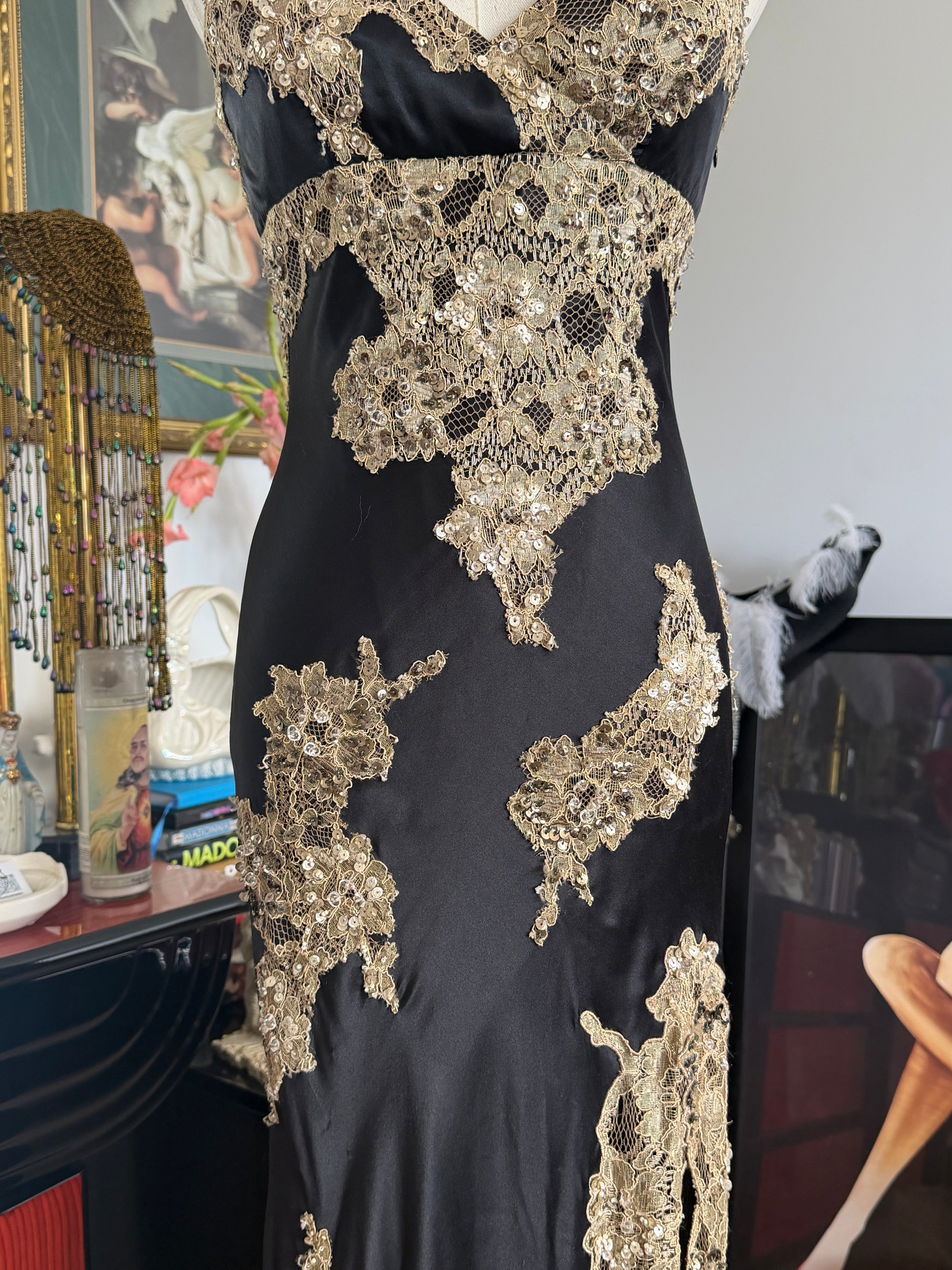 Vintage Caché Black & Gold Embellished Lace Evening Gown