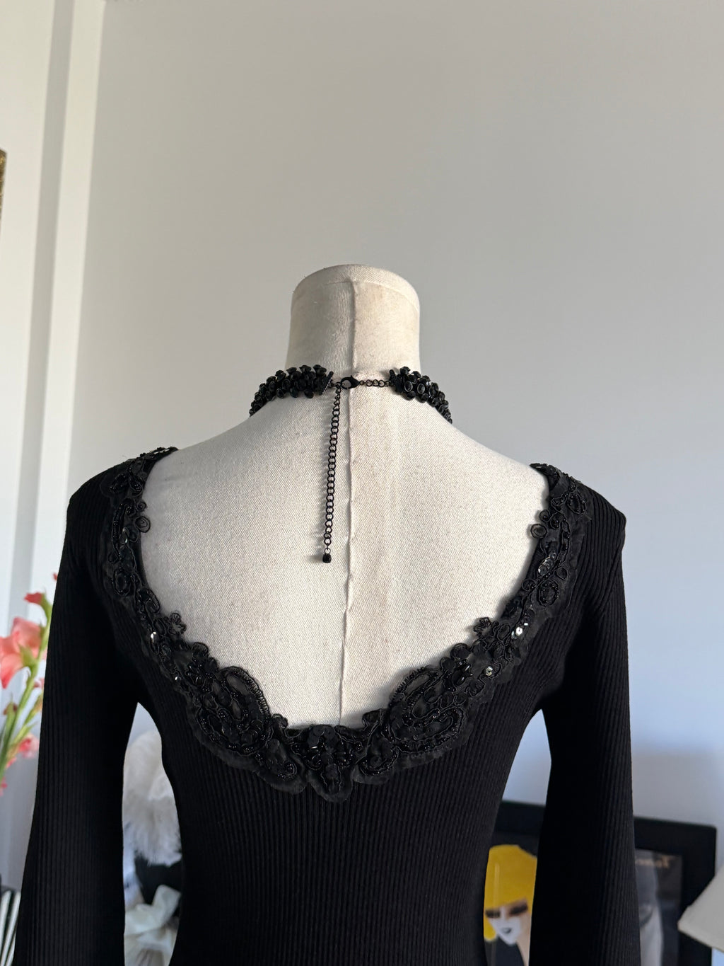 Vintage Caché Black Beaded Lace Reversible Long Sleeve Top