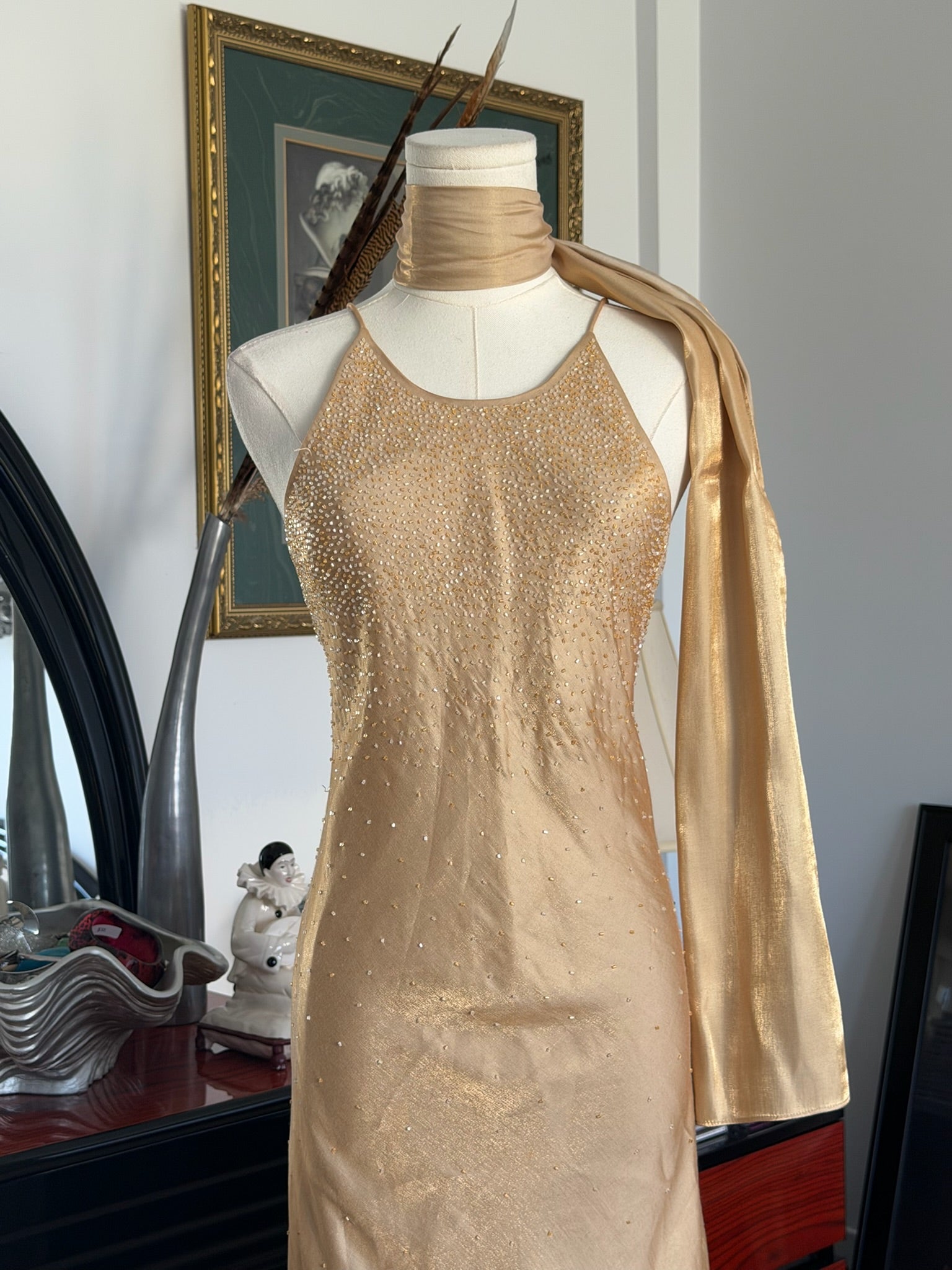 Champagne Gold Beaded Halter Gown + Scarf