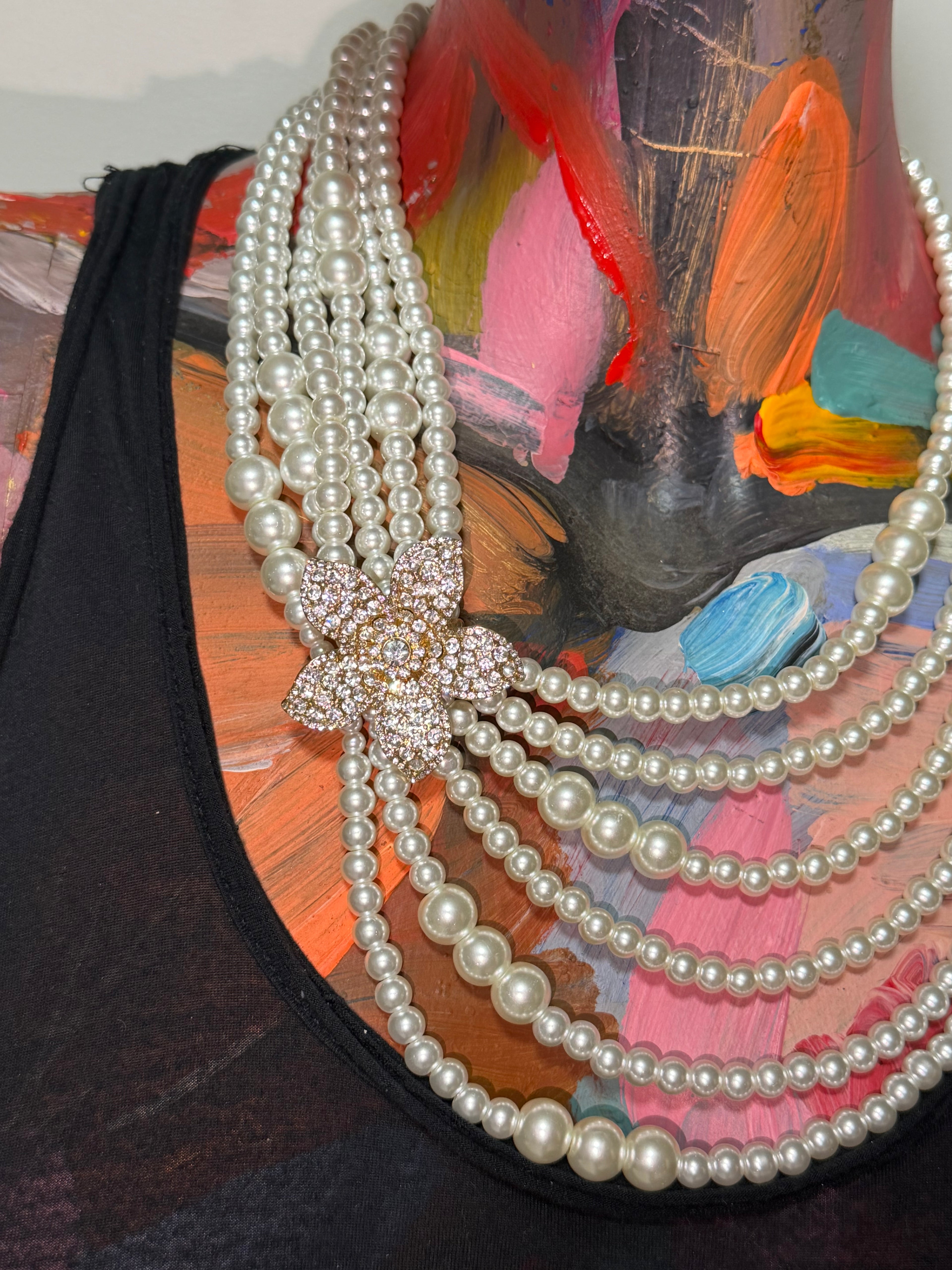 Vintage Multi-Strand Pearl & Crystal Flower Necklace