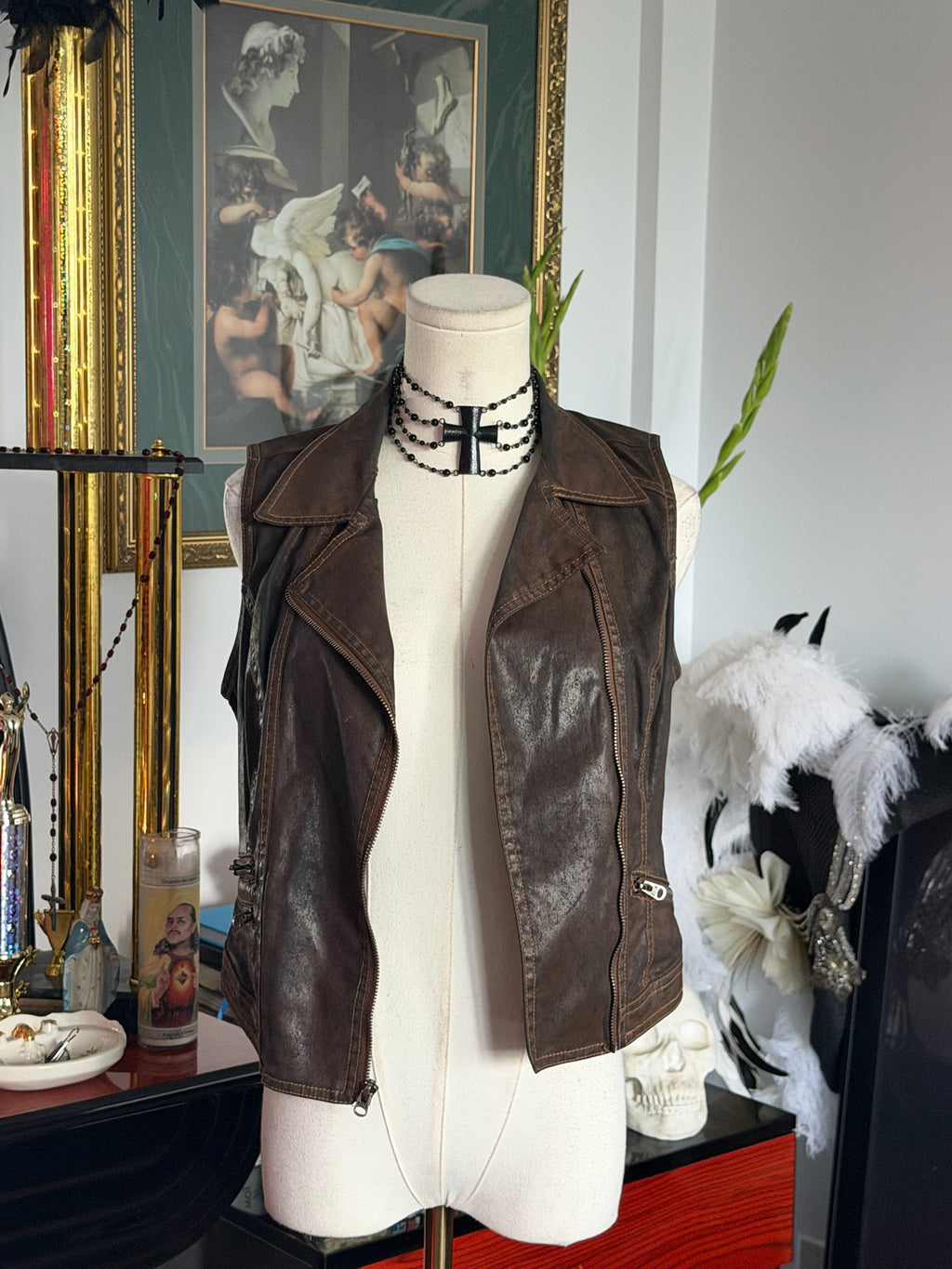 Edc by Esprit Distressed Brown Moto Zip Vest | Y2K Asymmetrical Jacket XS