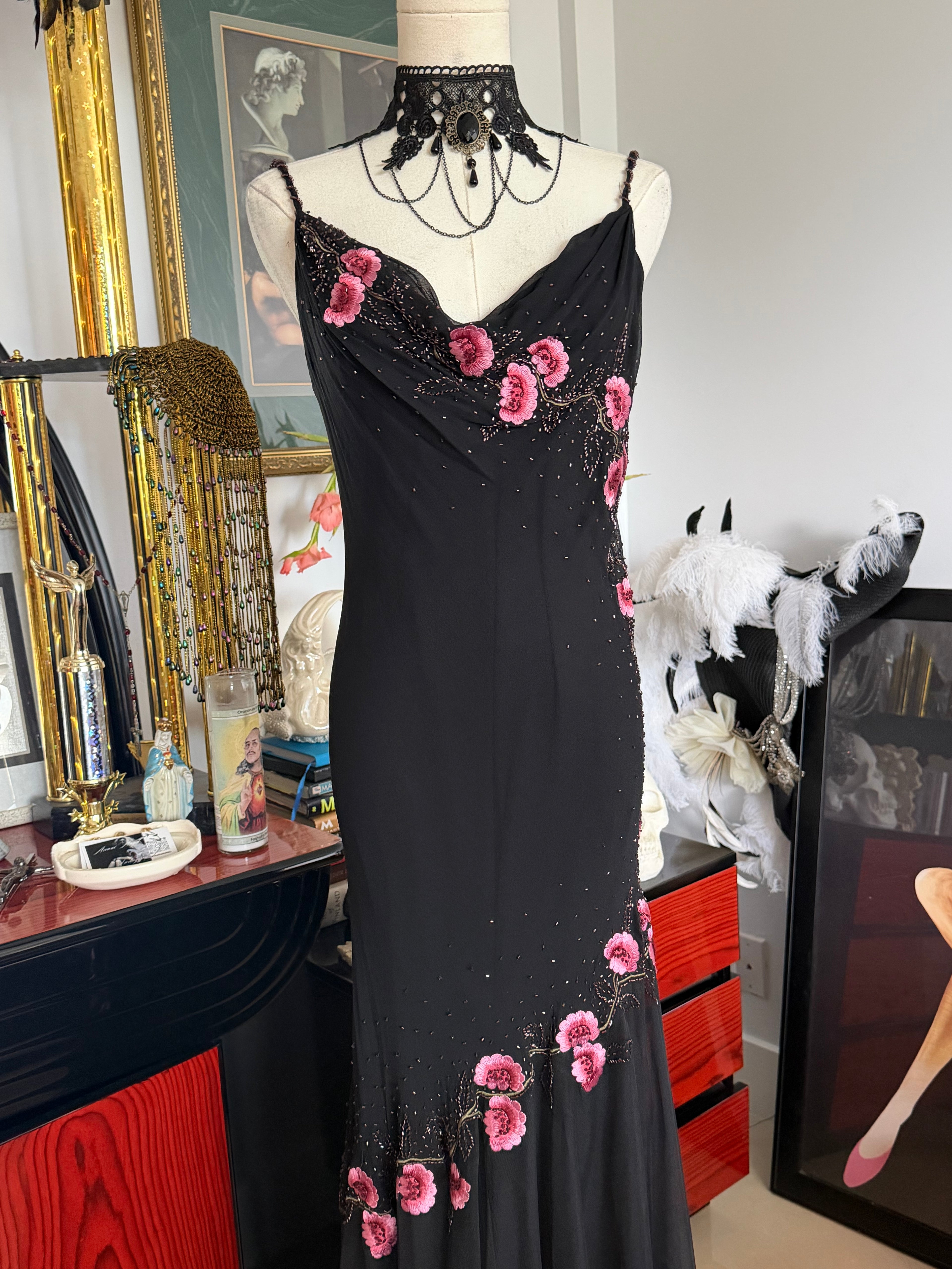 Vintage XSCAPE 100% Silk Black Pink Floral Beaded Gown