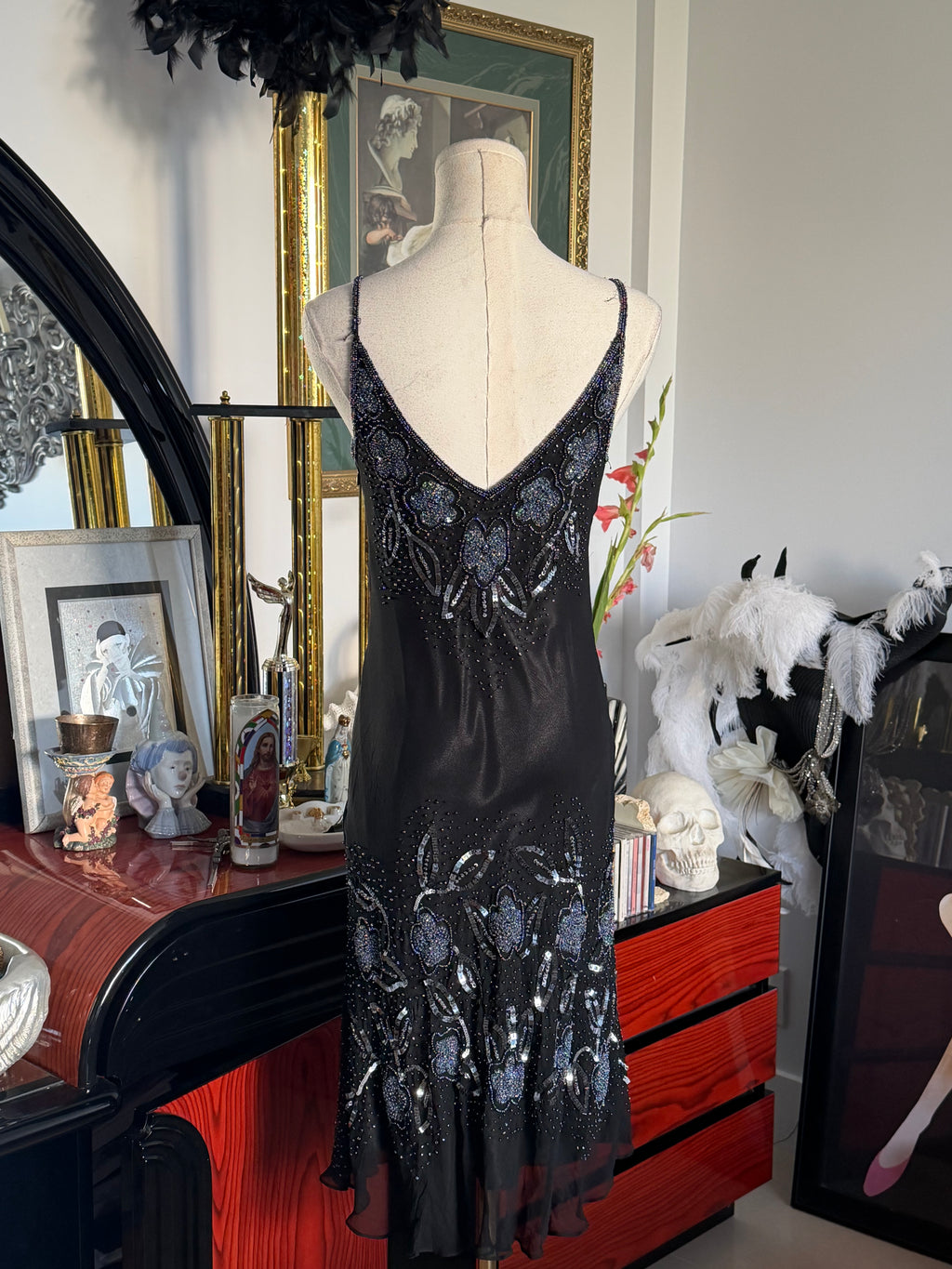 Papell Boutique Black Silk Beaded Floral Evening Dress — Size 4