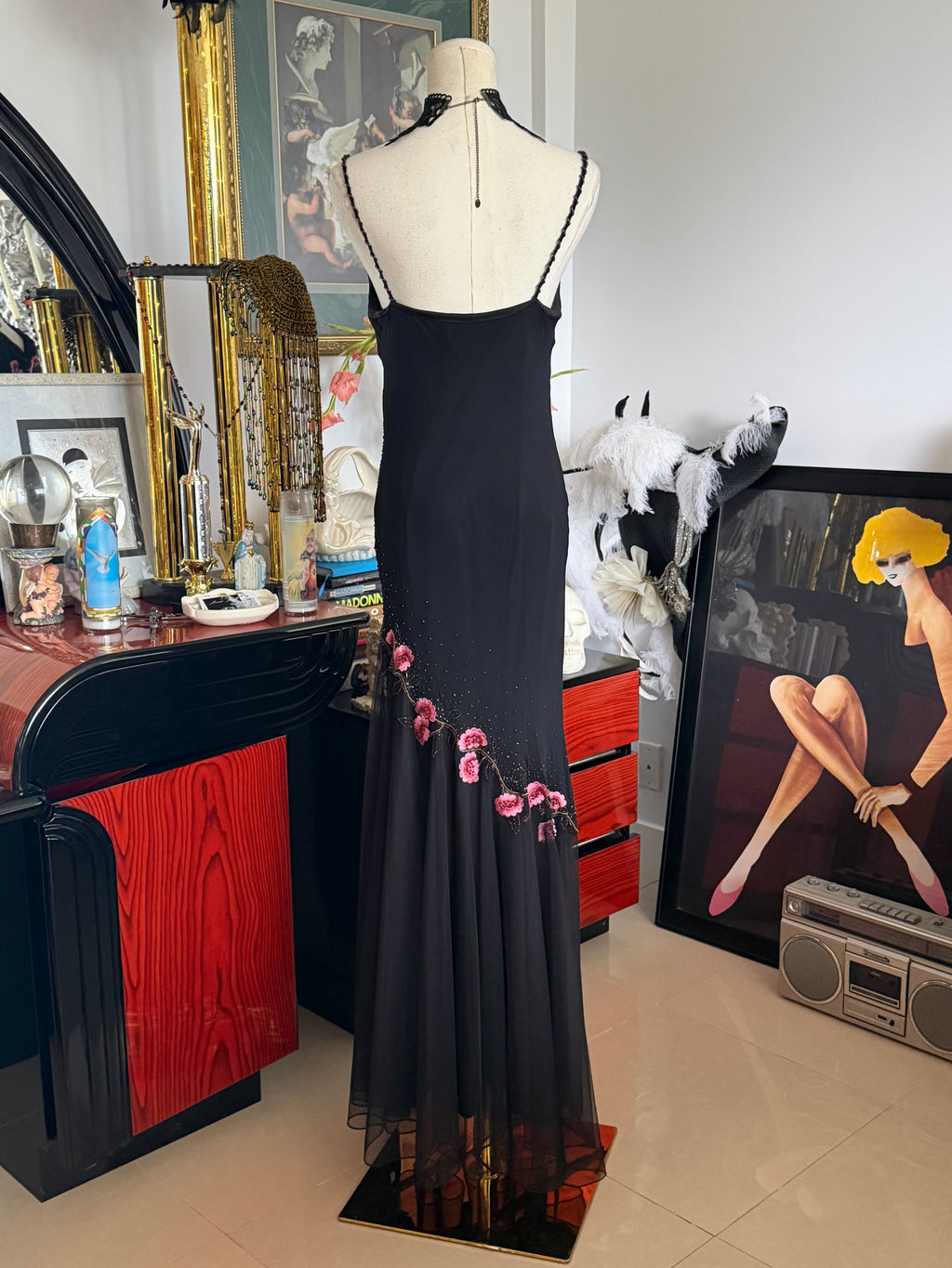 Vintage XSCAPE 100% Silk Black Pink Floral Beaded Gown