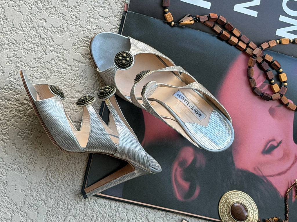 Manolo Blahnik Metallic Strappy Heels with Medallion Details – IT 41.5 (Fits IT 40 / US 10)