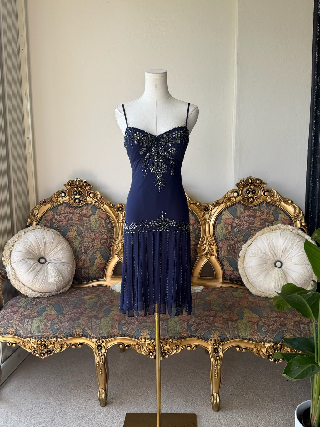 Vintage Sue Wong 100% silk navy beaded dress 2