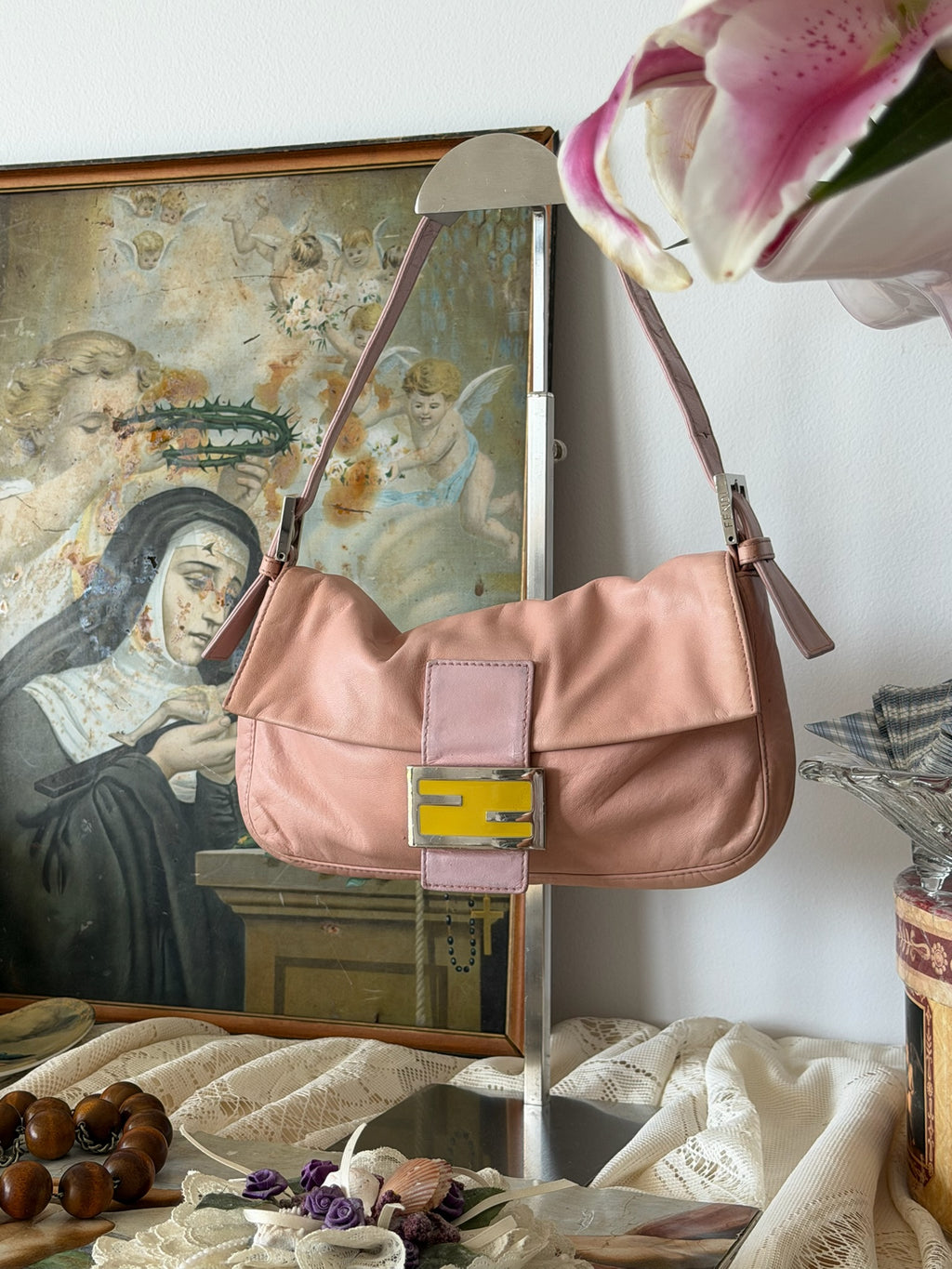 Fendi Blush Pink Nappa Leather Baguette Bag with Yellow FF Clasp (2003-2005)