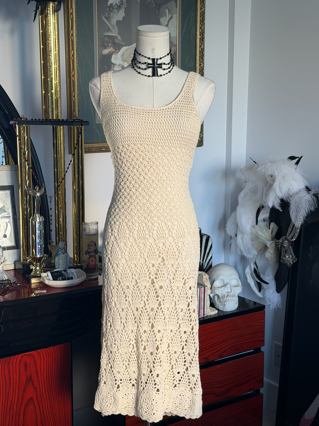 Ellavie Hand Crochet Knit Midi Dress – Cream Open Knit Cotton Cover-Up