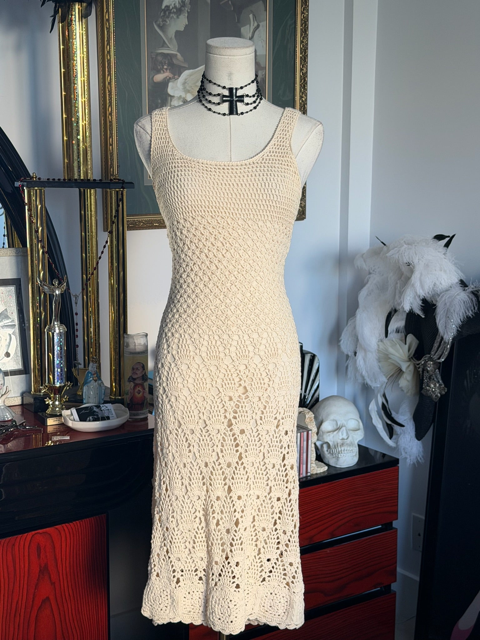 Ellavie Hand Crochet Knit Midi Dress – Cream Open Knit Cotton Cover-Up